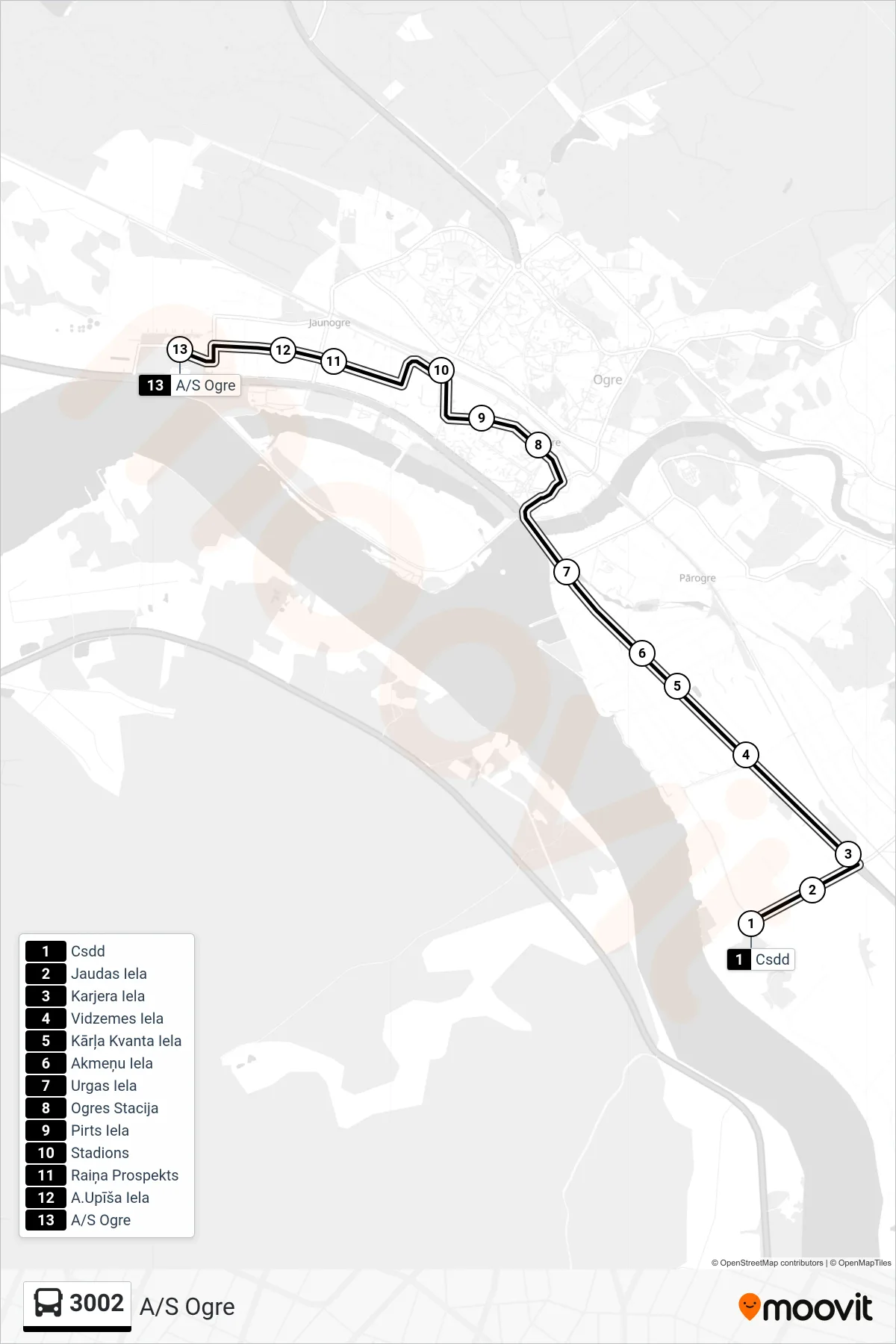 3002 bus Line (A/S Ogre) route and stops on a map