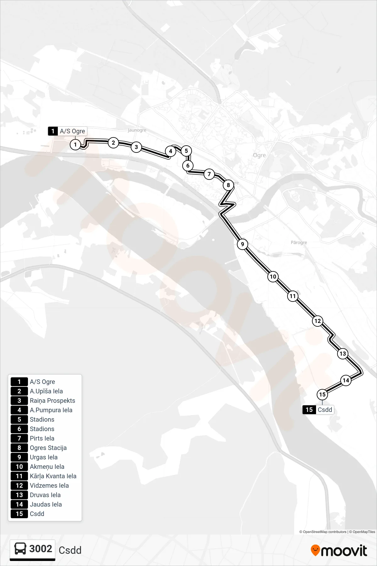 3002 bus Line (Csdd) route and stops on a map
