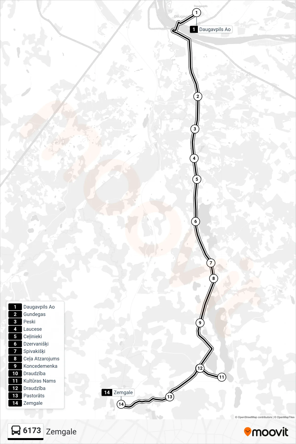6173 bus Line (Zemgale) route and stops on a map