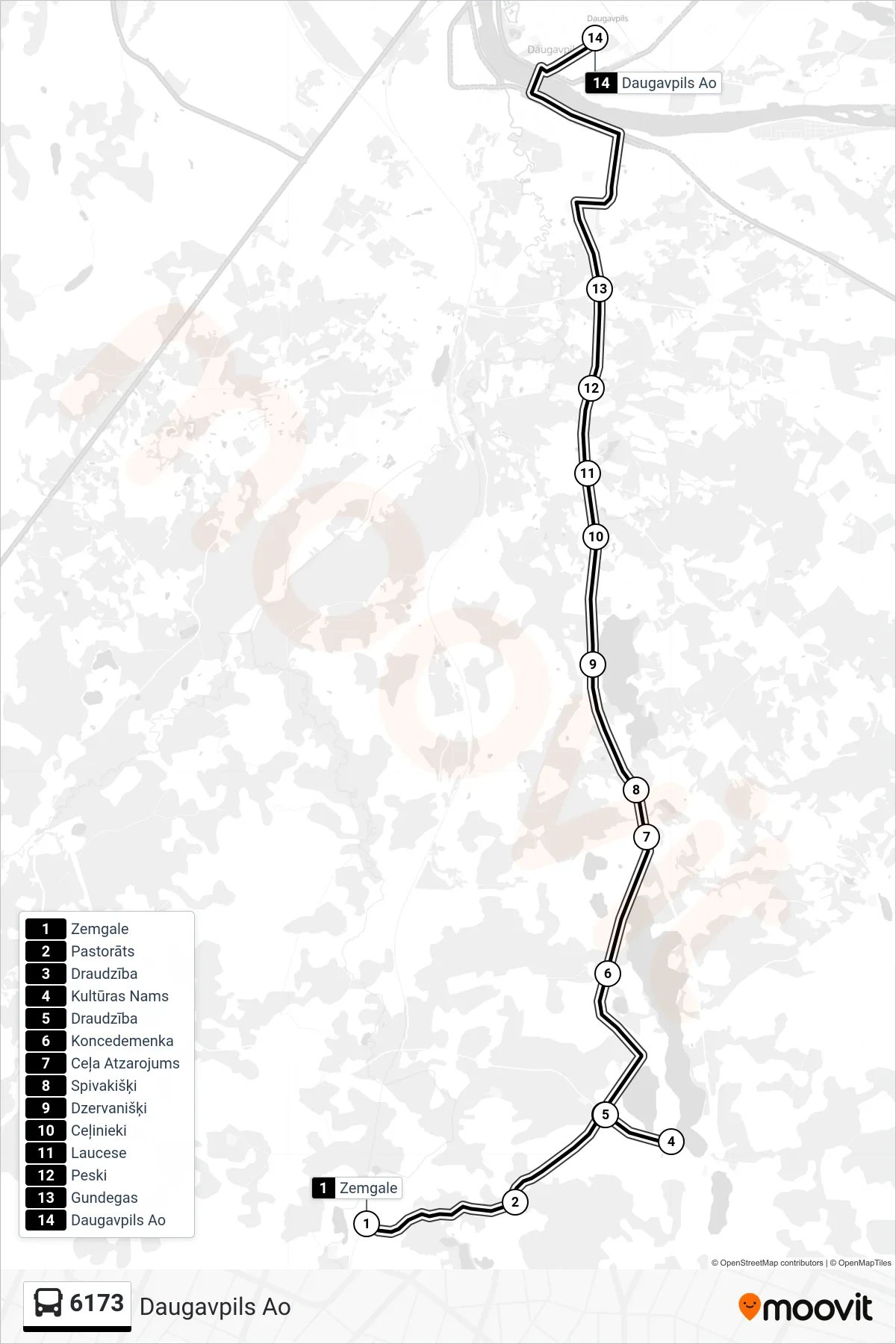 6173 bus Line (Daugavpils Ao) route and stops on a map