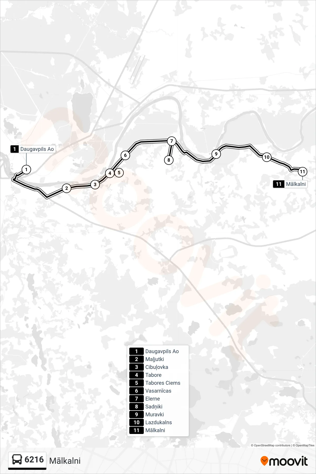 6216 bus Line (Mālkalni) route and stops on a map