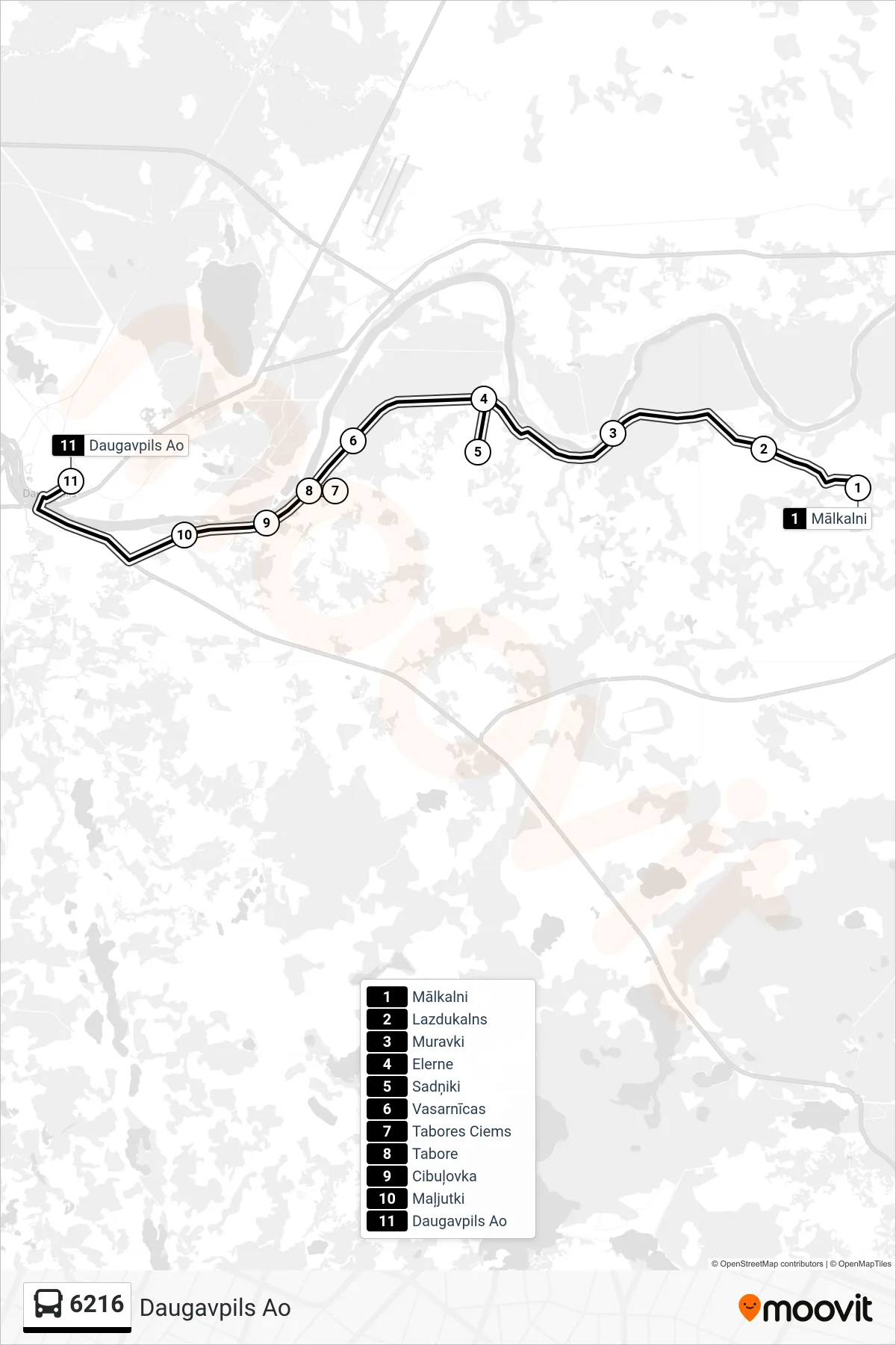 6216 bus Line (Daugavpils Ao) route and stops on a map