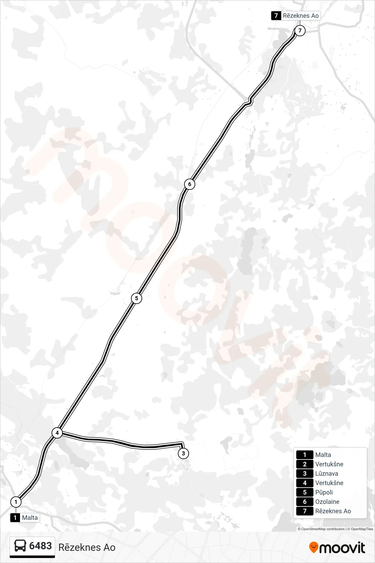 6483 bus Line (Rēzeknes Ao) route and stops on a map
