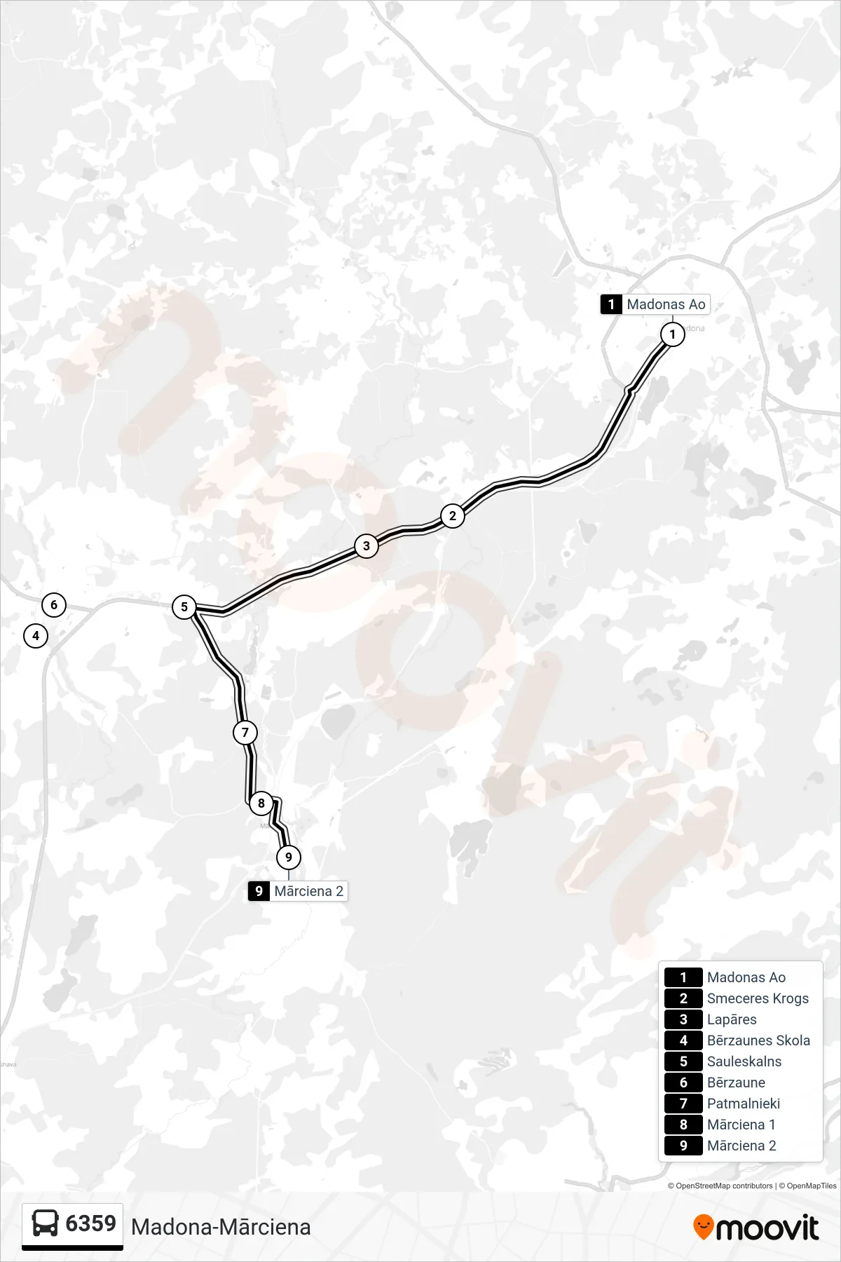 6359 bus Line (Mārciena 2) route and stops on a map