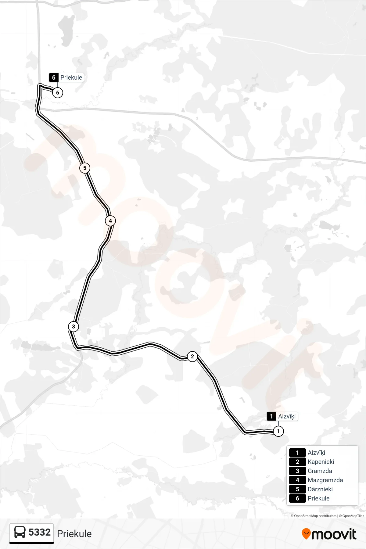 5332 bus Line (Priekule) route and stops on a map