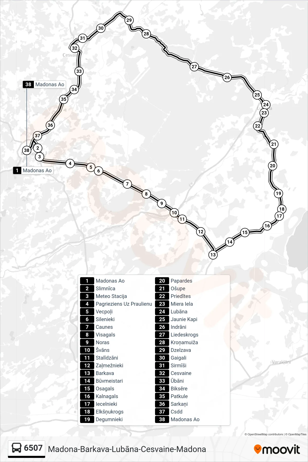 6507 bus Line (Madonas Ao) route and stops on a map