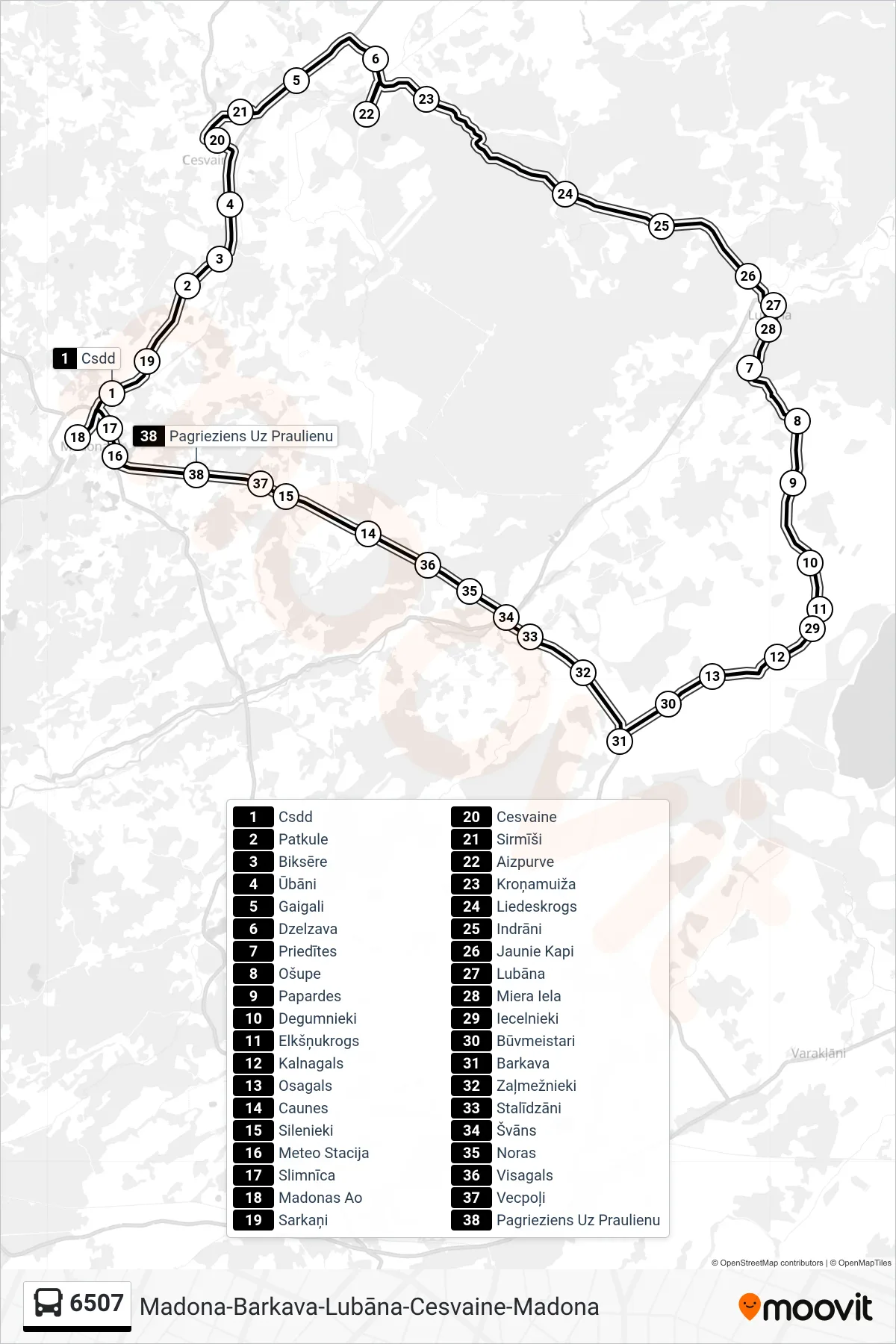6507 bus Line (Madonas Ao) route and stops on a map