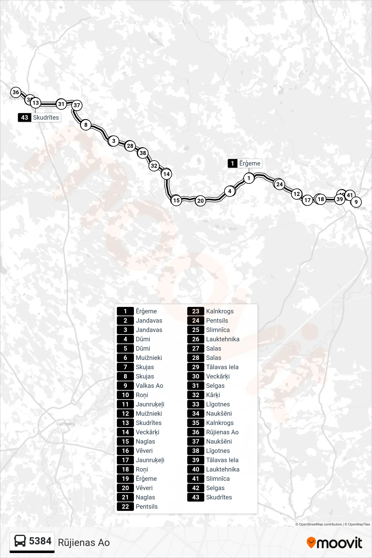 5384 bus Line (Rūjienas Ao) route and stops on a map