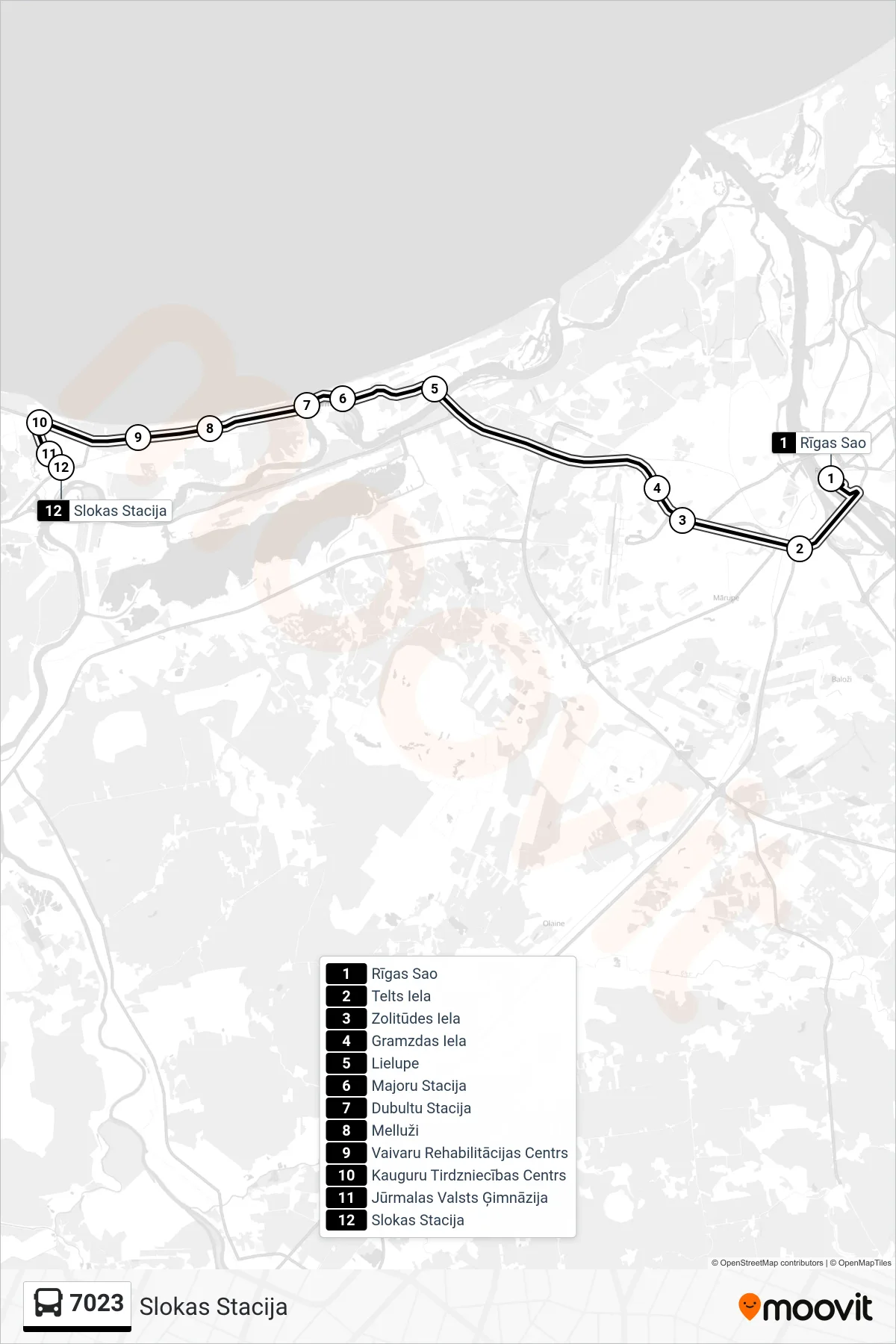7023 bus Line (Slokas Stacija) route and stops on a map