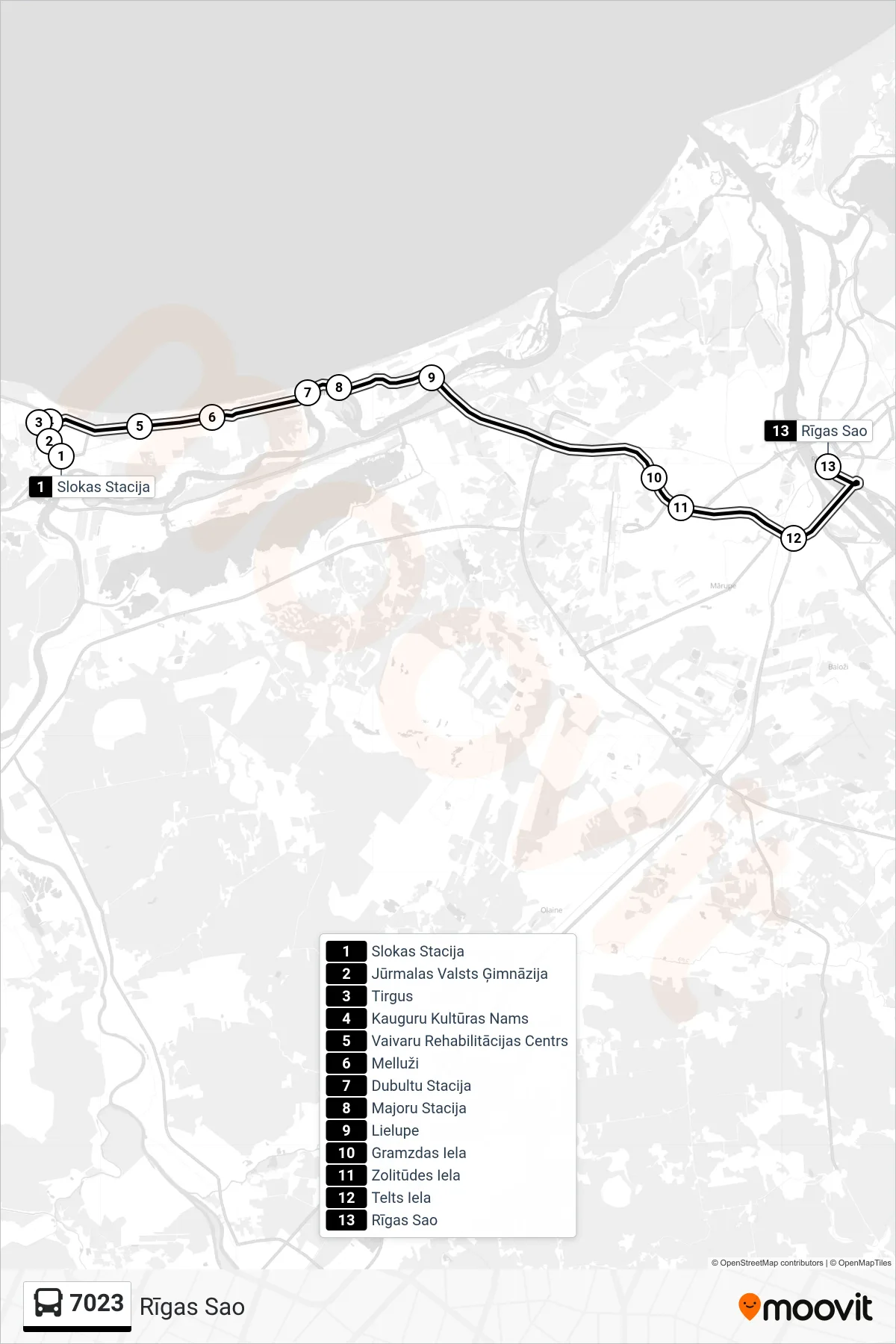 7023 bus Line (Rīgas Sao) route and stops on a map