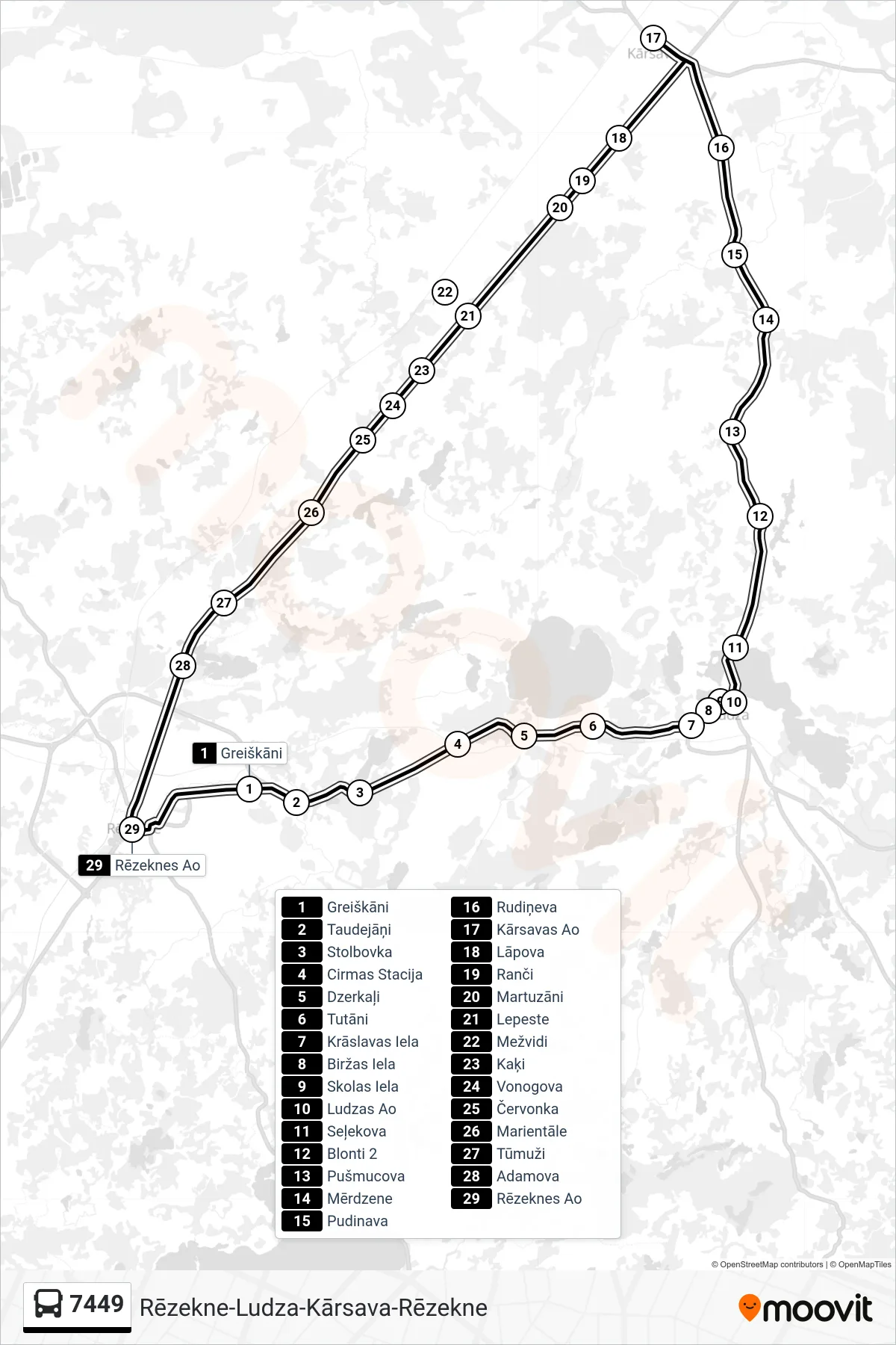 7449 bus Line (Rēzeknes Ao) route and stops on a map