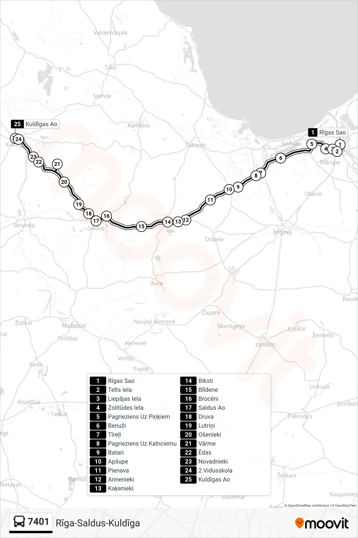7401 bus Line (Kuldīgas Ao) route and stops on a map