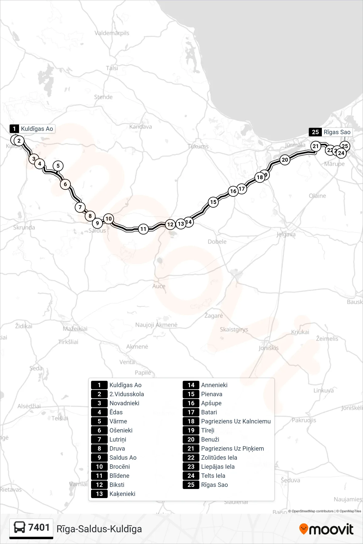 7401 bus Line (Rīgas Sao) route and stops on a map