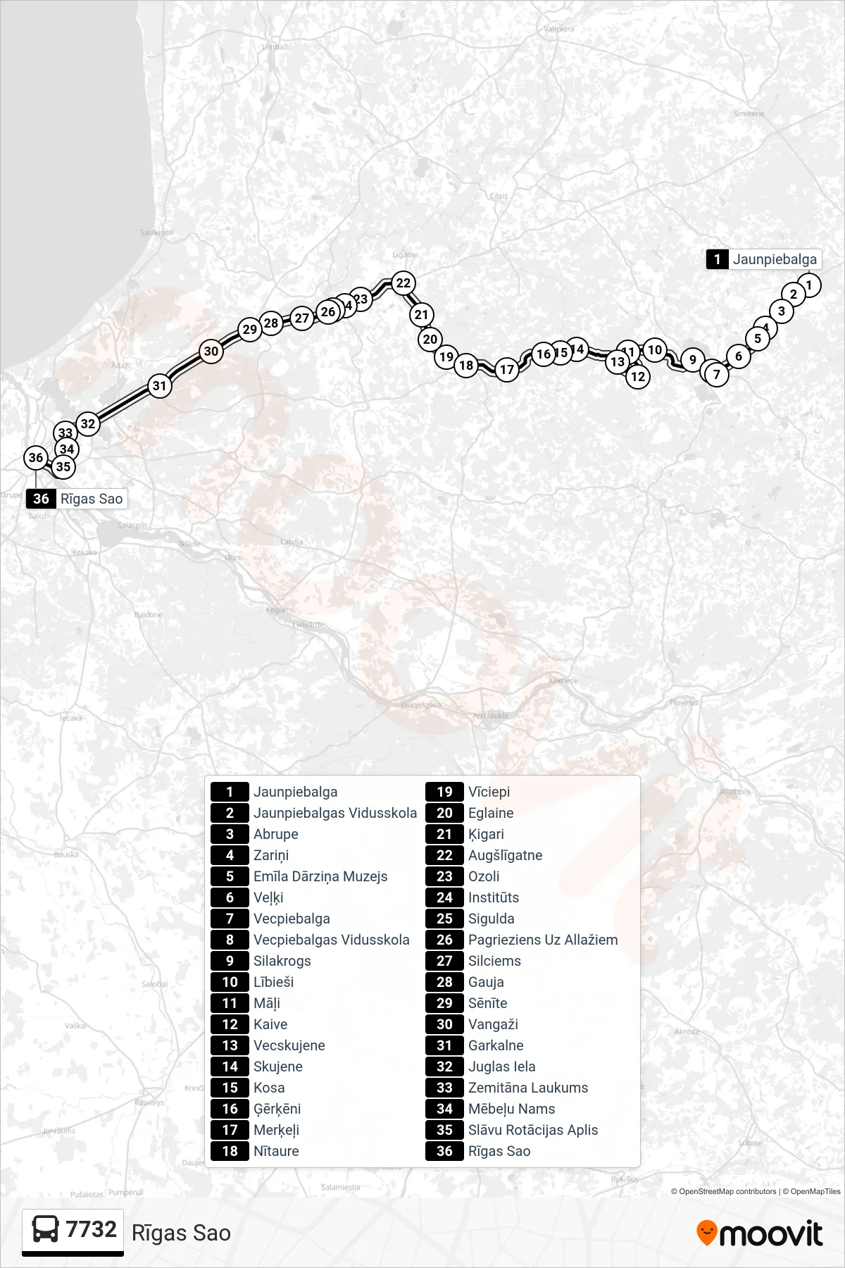 7732 bus Line (Rīgas Sao) route and stops on a map