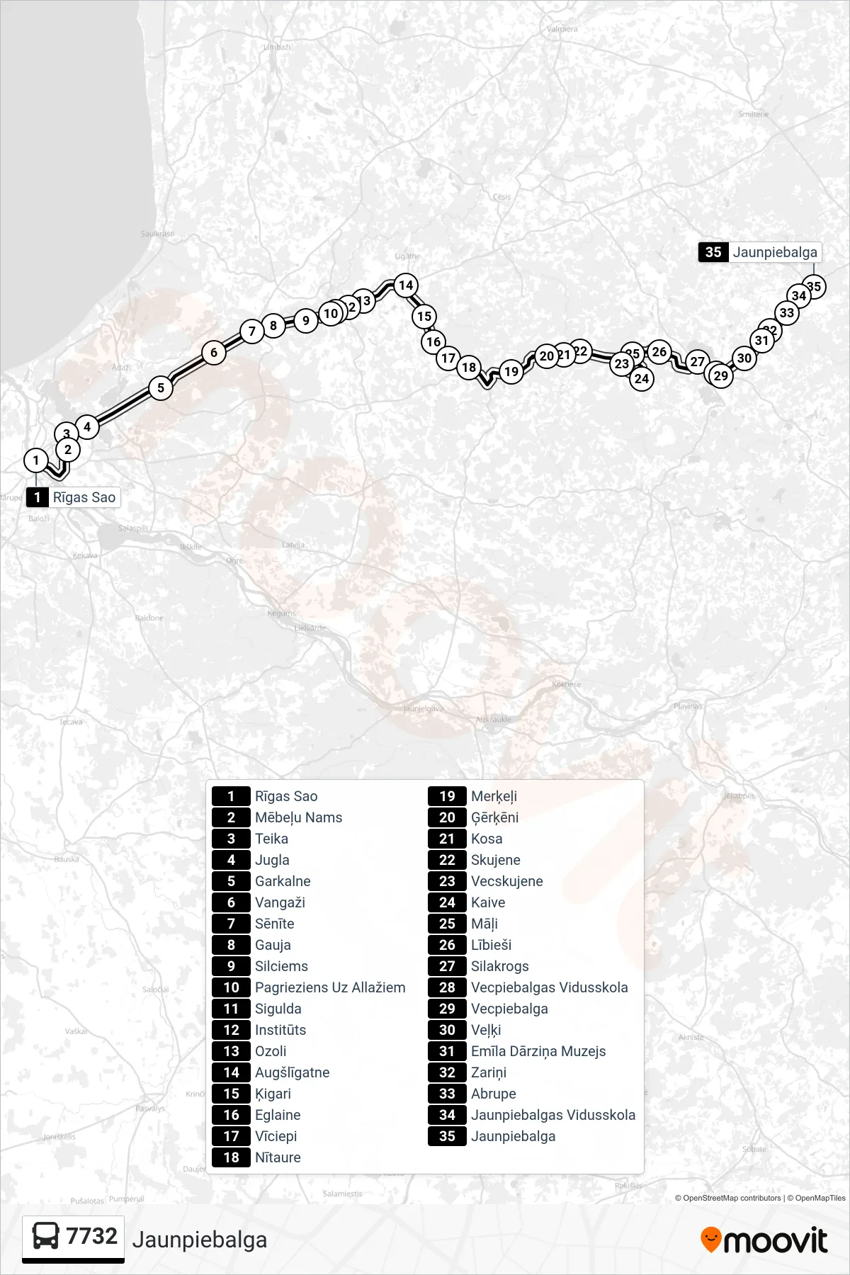 7732 bus Line (Jaunpiebalga) route and stops on a map