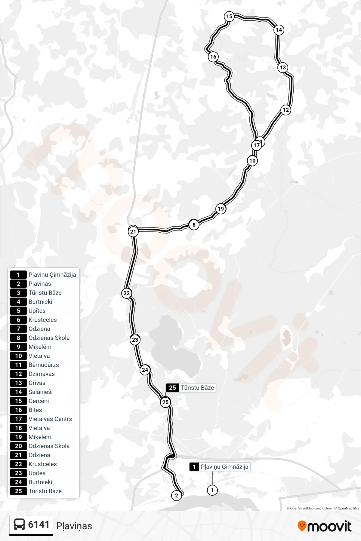 6141 bus Line (Pļaviņas) route and stops on a map