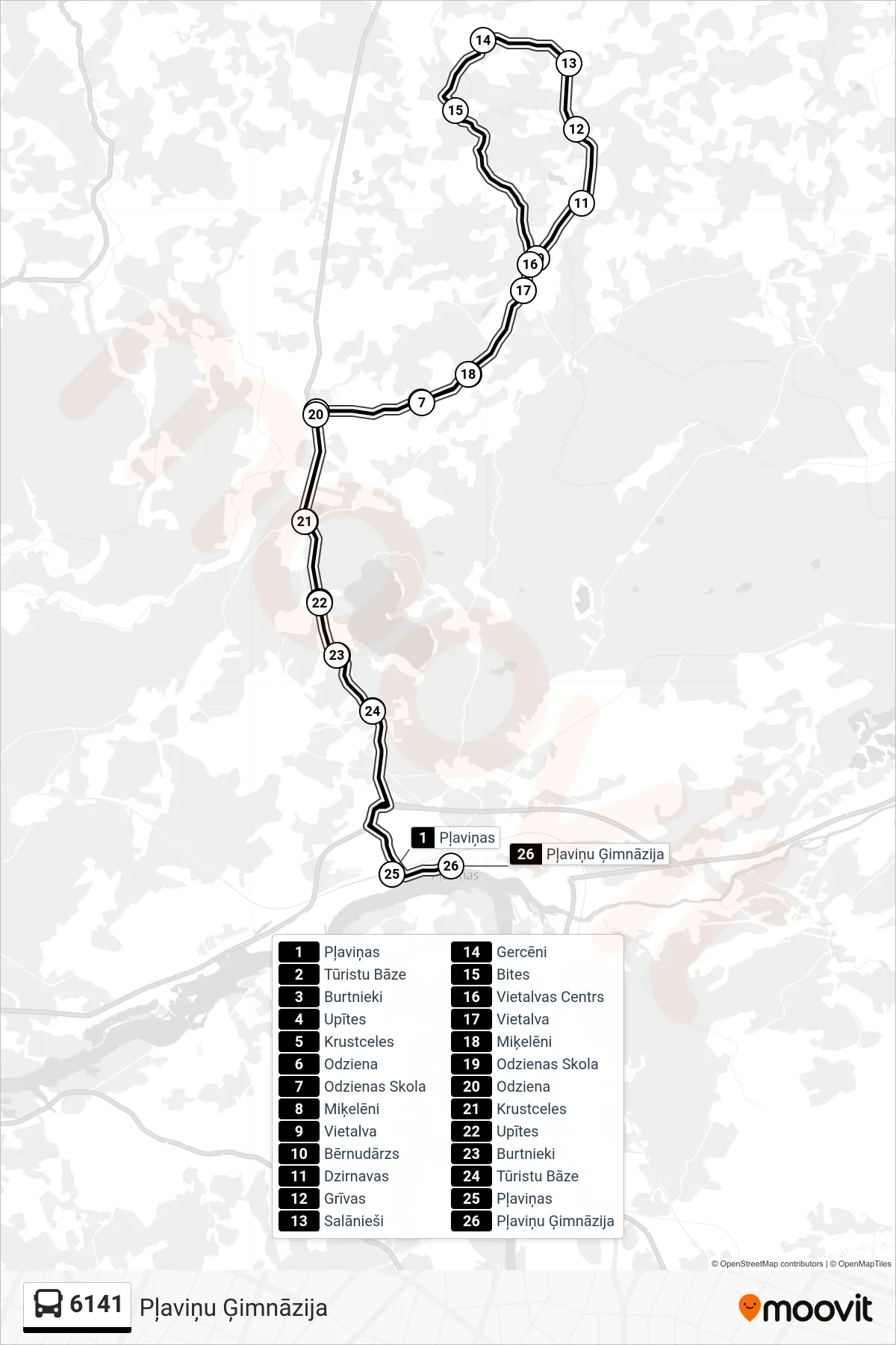 6141 bus Line (Pļaviņu Ģimnāzija) route and stops on a map