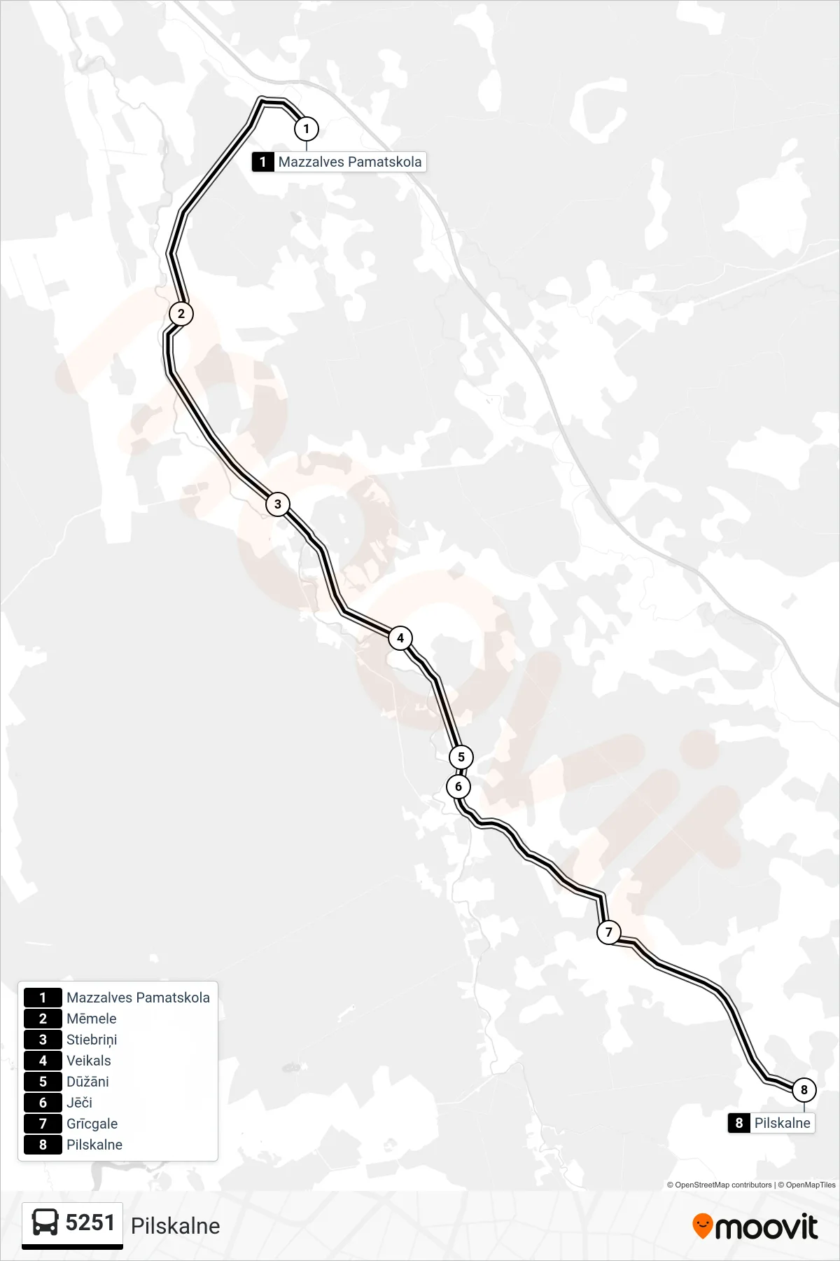 5251 bus Line (Pilskalne) route and stops on a map