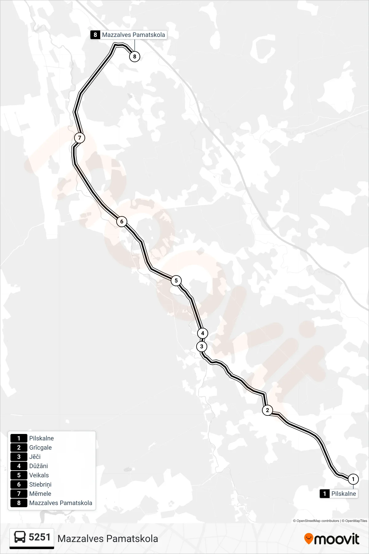 5251 bus Line (Mazzalves Pamatskola) route and stops on a map