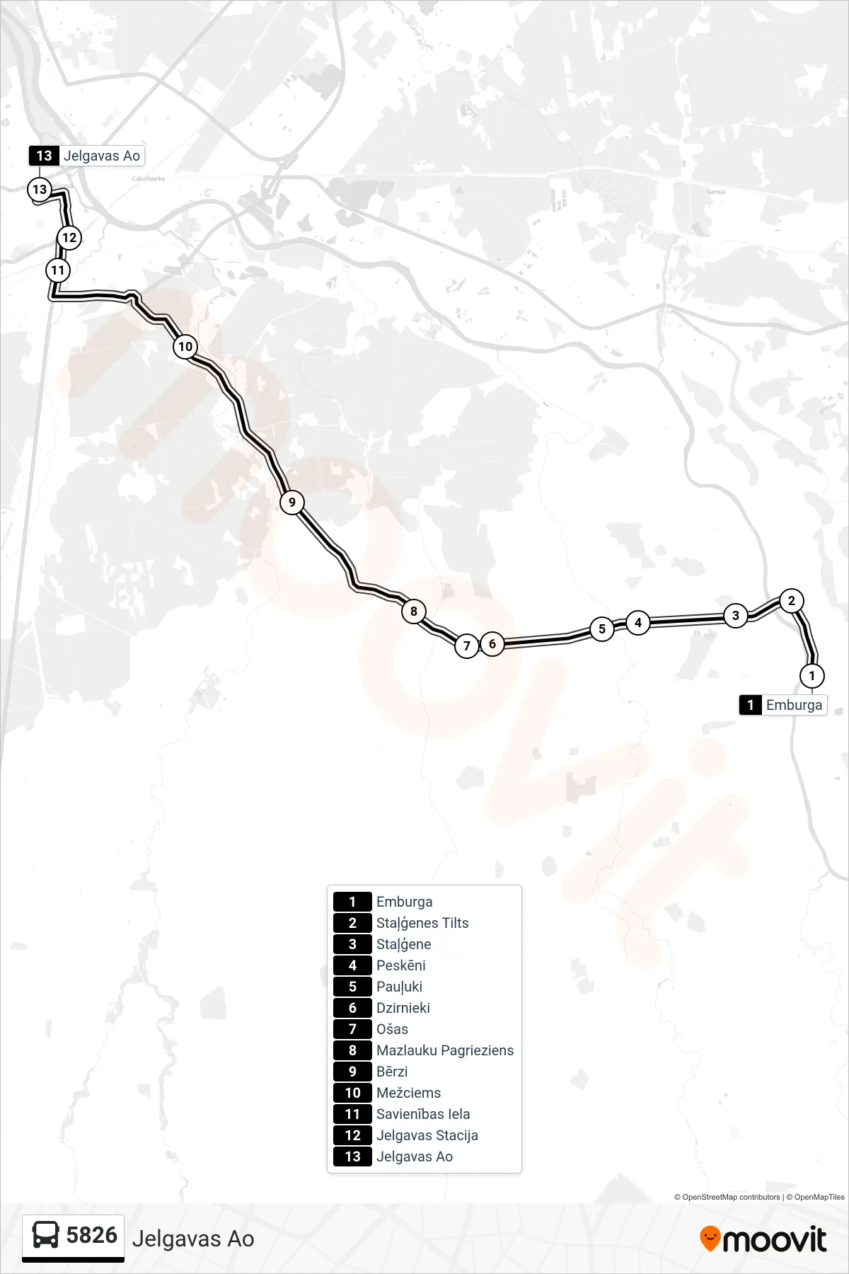 5826 bus Line (Jelgavas Ao) route and stops on a map