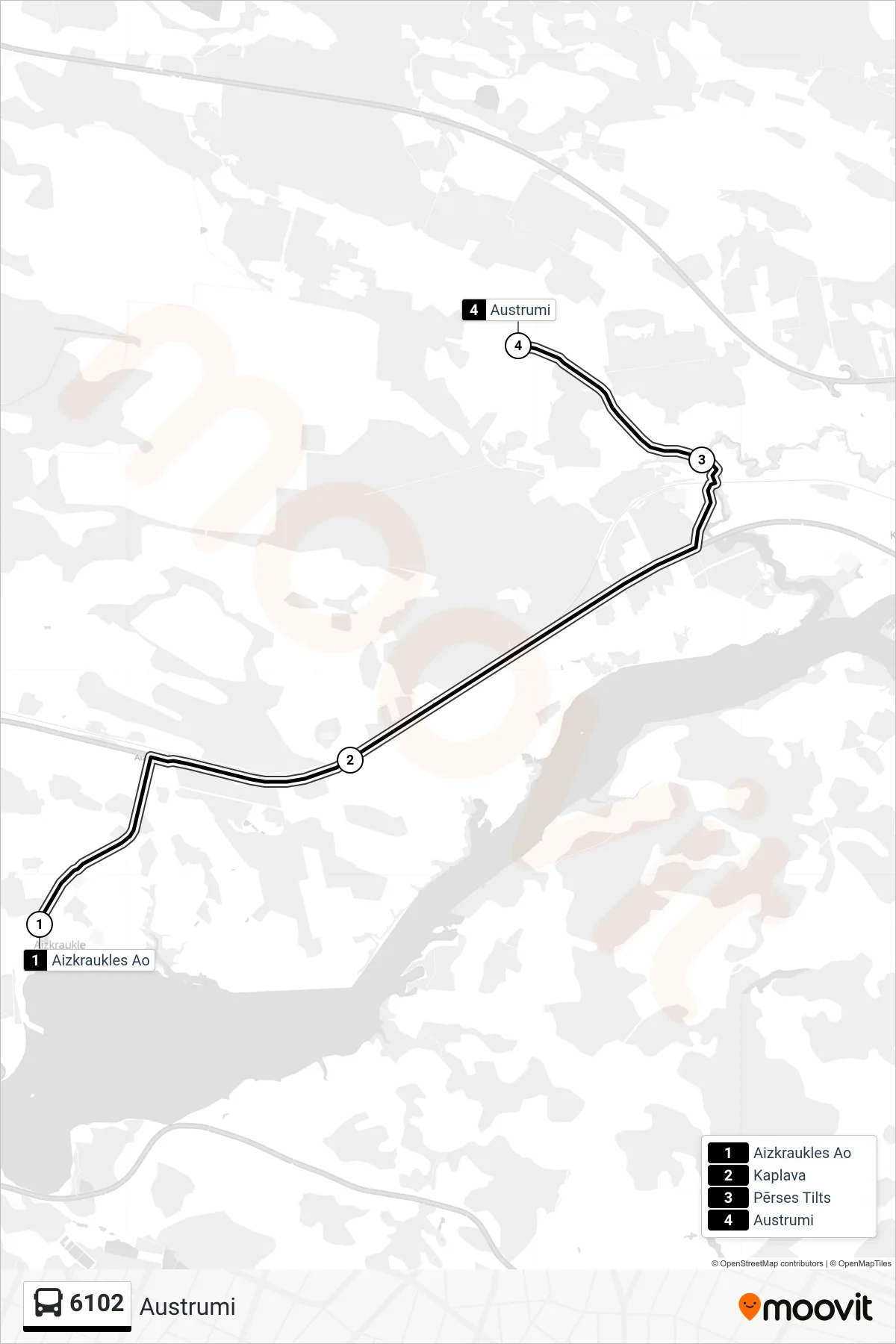 6102 bus Line (Austrumi) route and stops on a map
