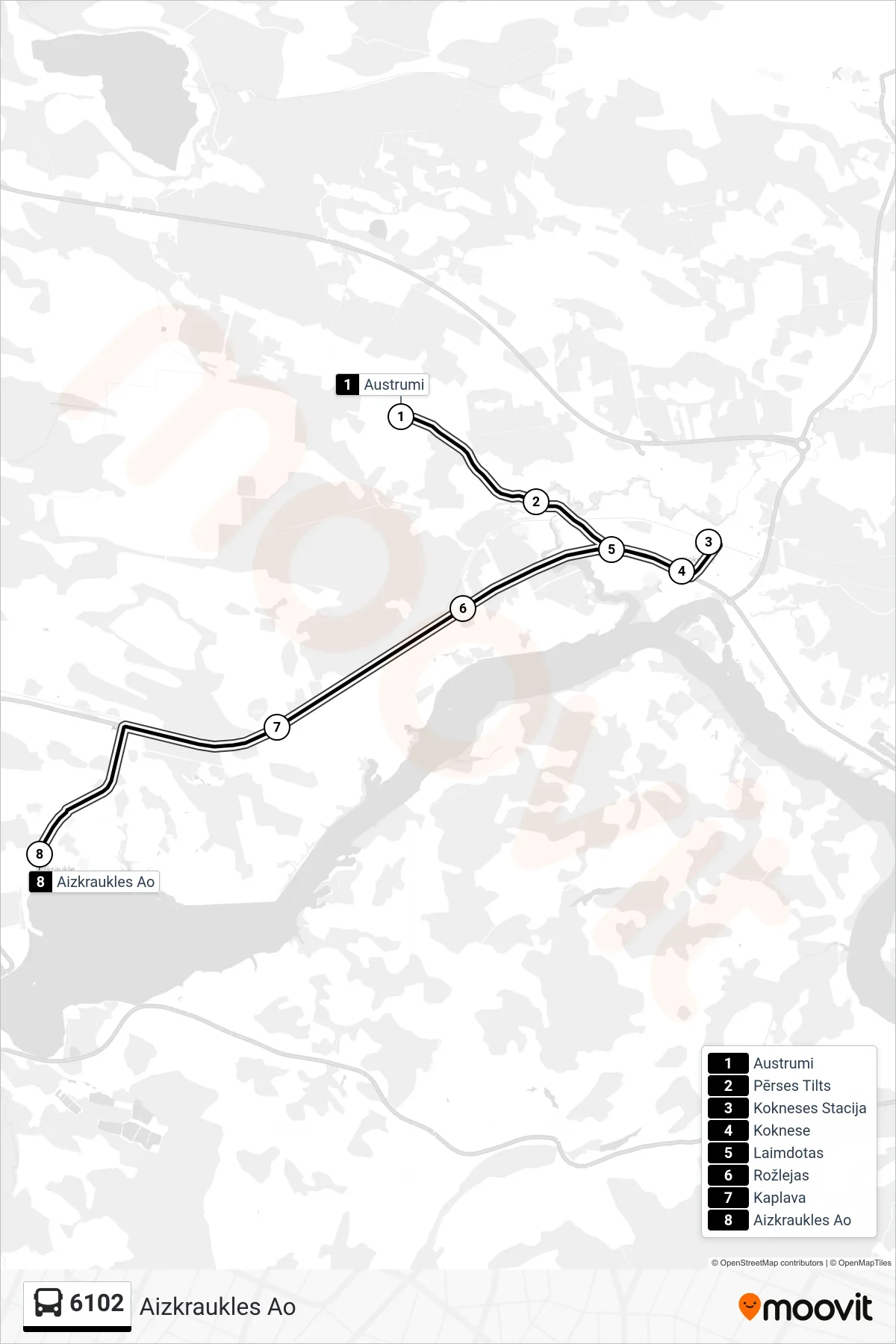 6102 bus Line (Aizkraukles Ao) route and stops on a map