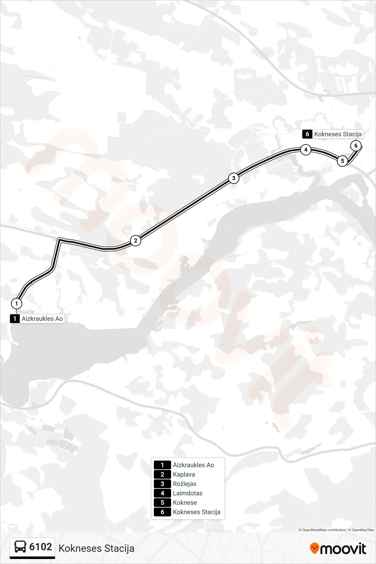 6102 bus Line (Kokneses Stacija) route and stops on a map