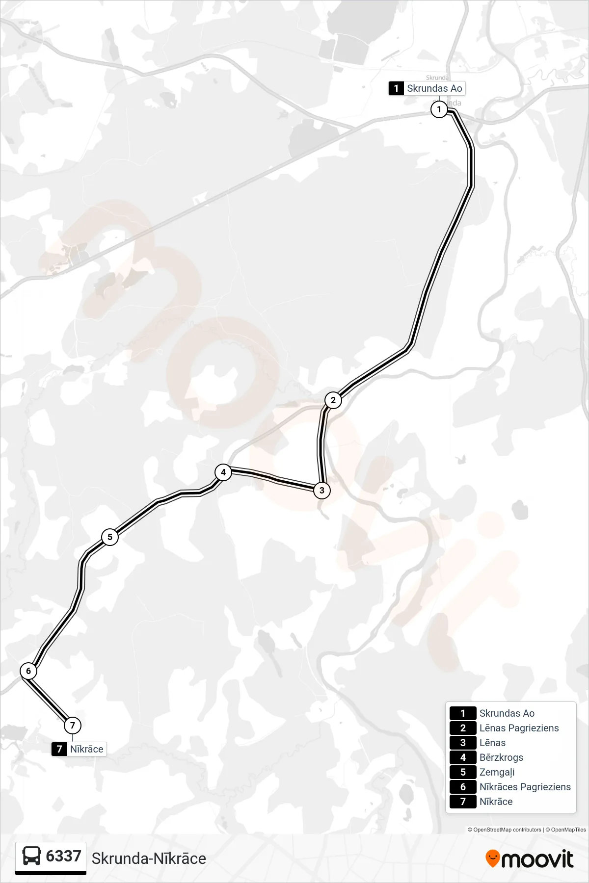 6337 bus Line (Nīkrāce) route and stops on a map