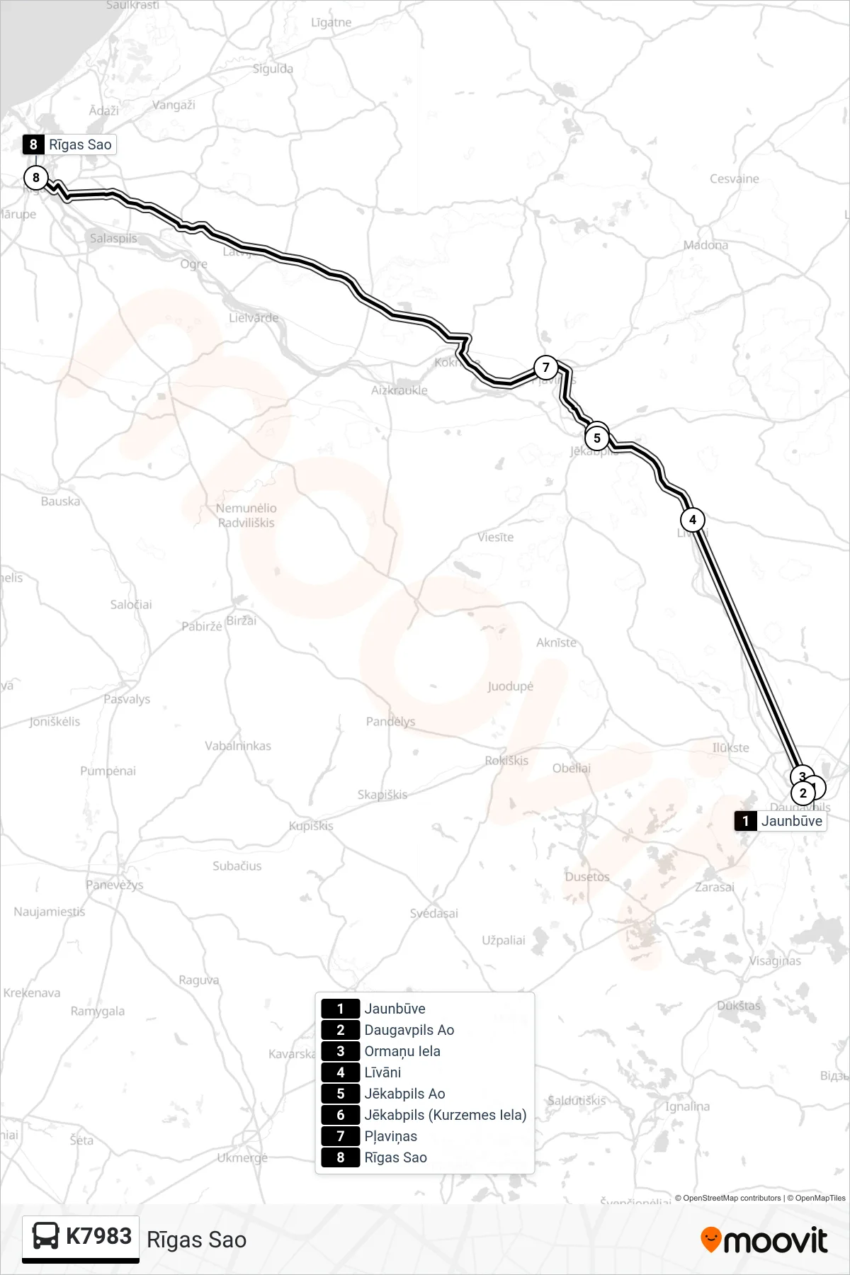 K7983 bus Line (Rīgas Sao) route and stops on a map