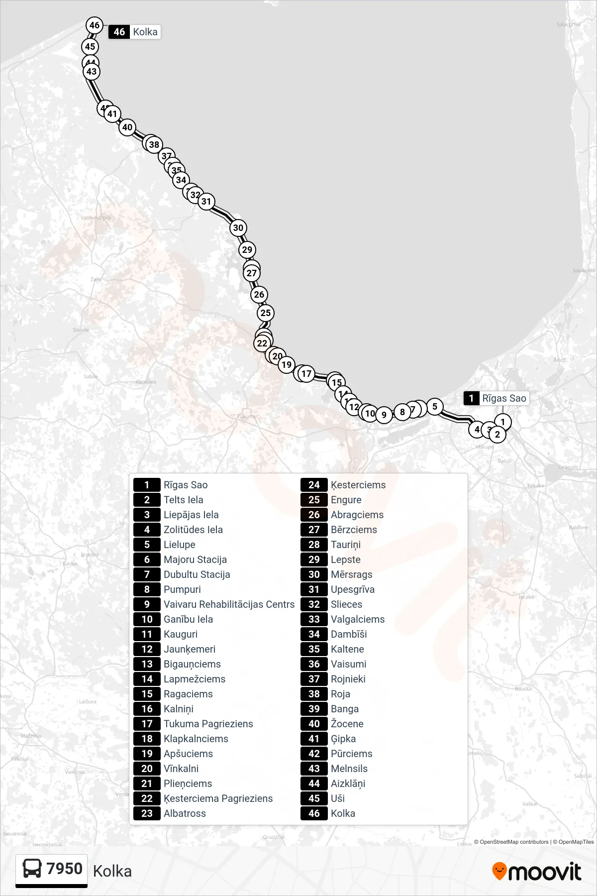 7950 bus Line (Kolka) route and stops on a map
