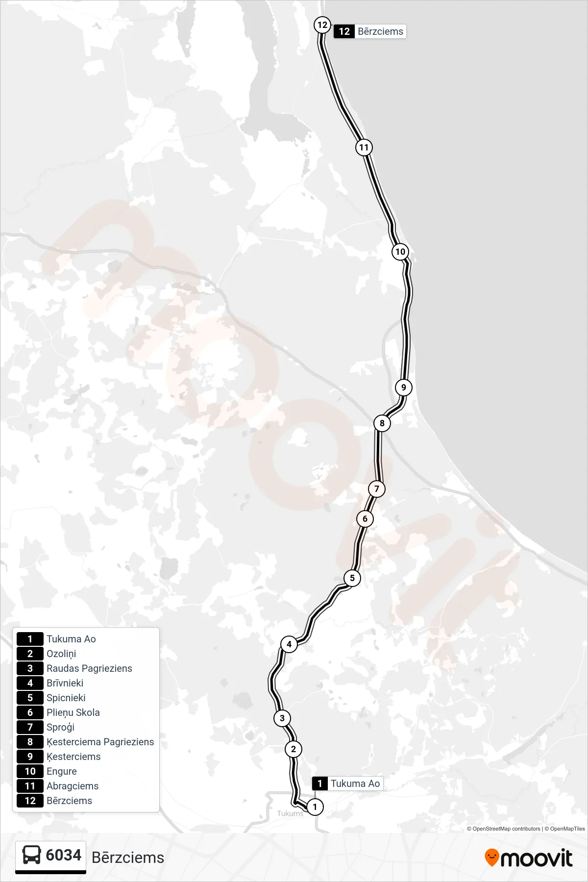 6034 bus Line (Bērzciems) route and stops on a map