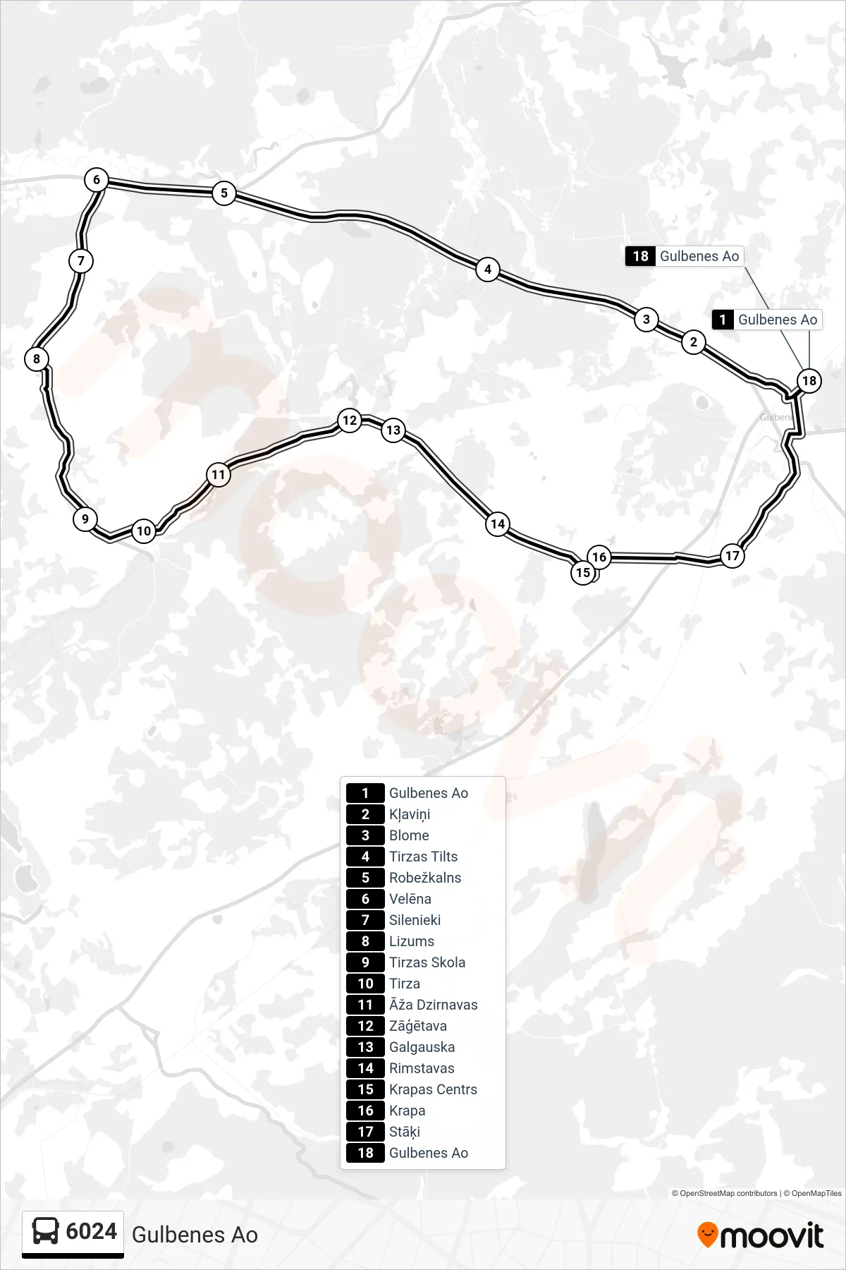 6024 bus Line (Gulbenes Ao) route and stops on a map