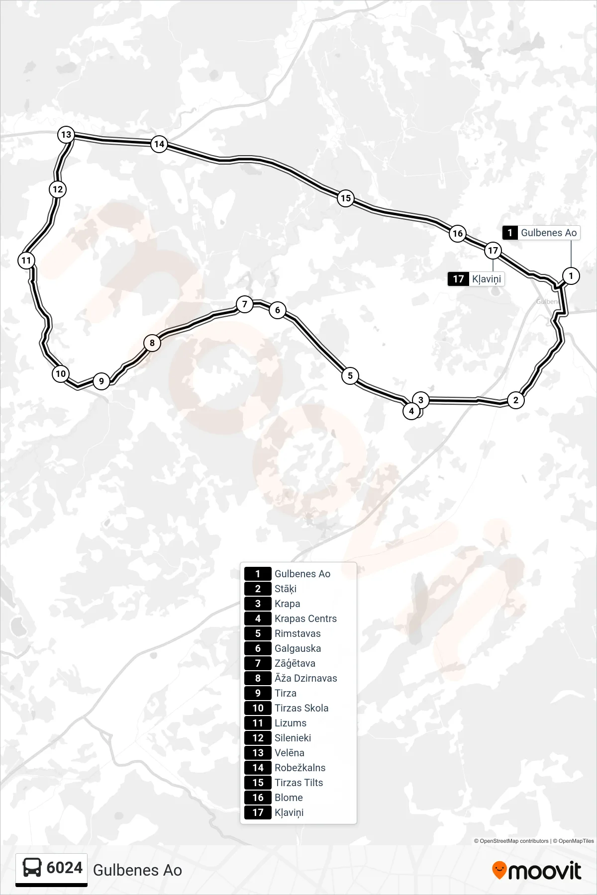6024 bus Line (Gulbenes Ao) route and stops on a map
