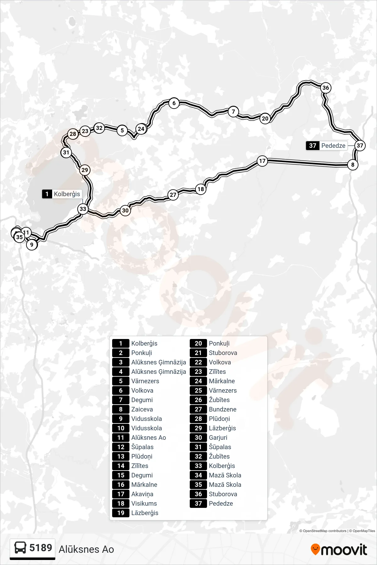 5189 bus Line (Alūksnes Ao) route and stops on a map