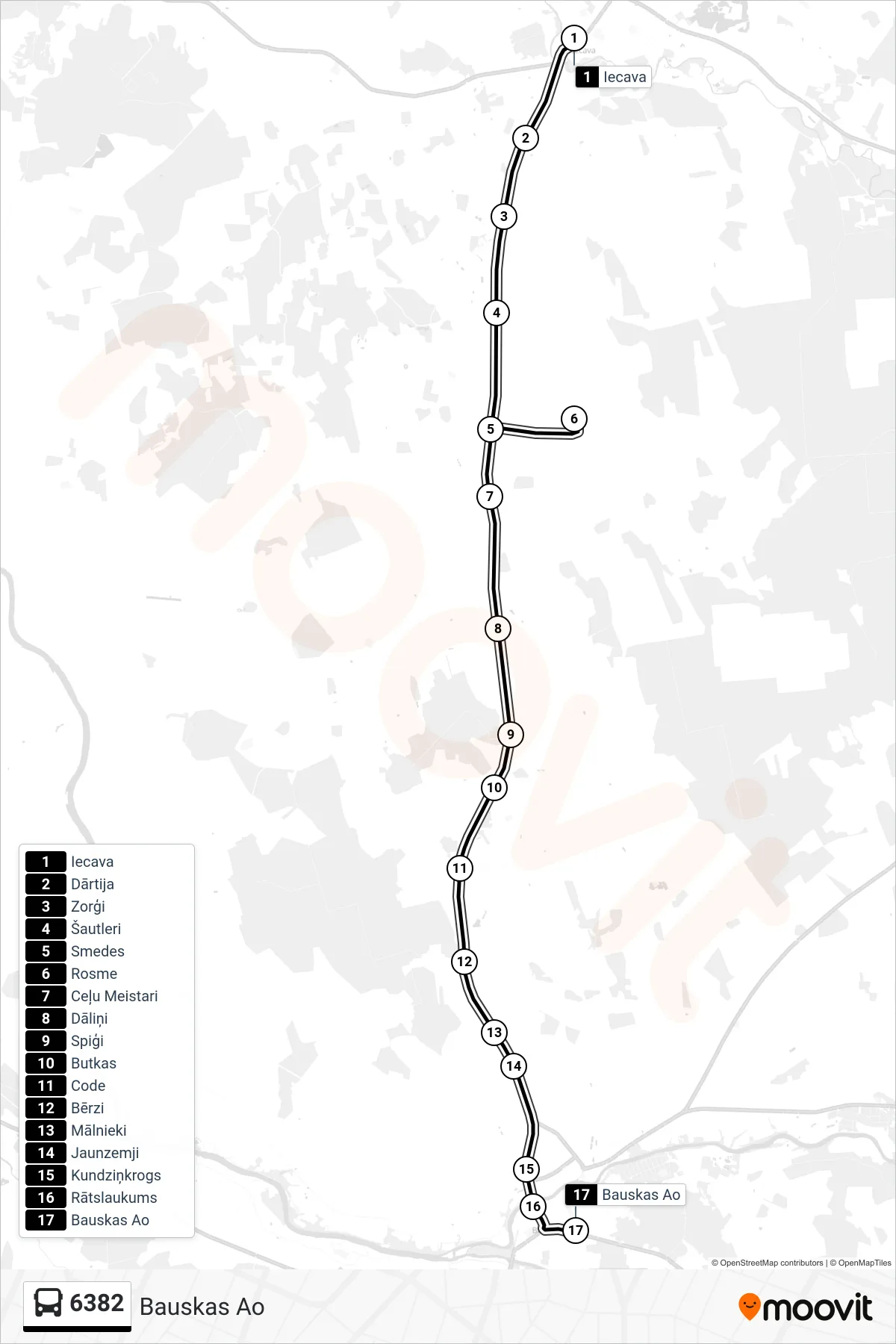 6382 bus Line (Bauskas Ao) route and stops on a map