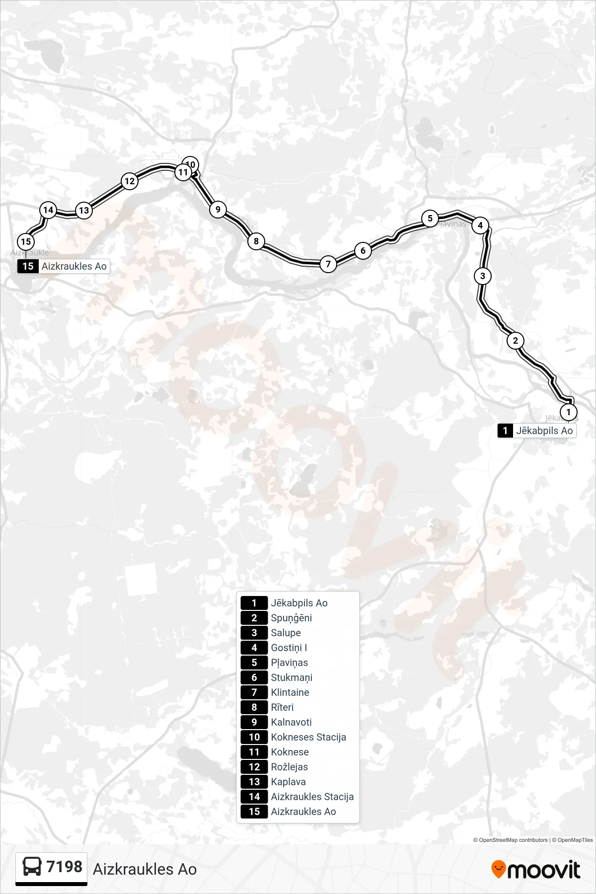 7198 bus Line (Aizkraukles Ao) route and stops on a map