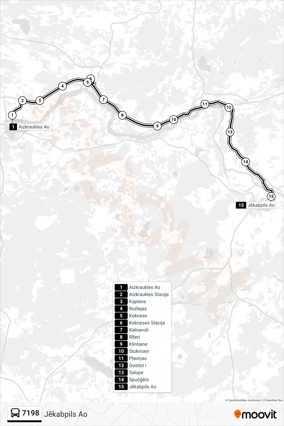 7198 bus Line (Jēkabpils Ao) route and stops on a map