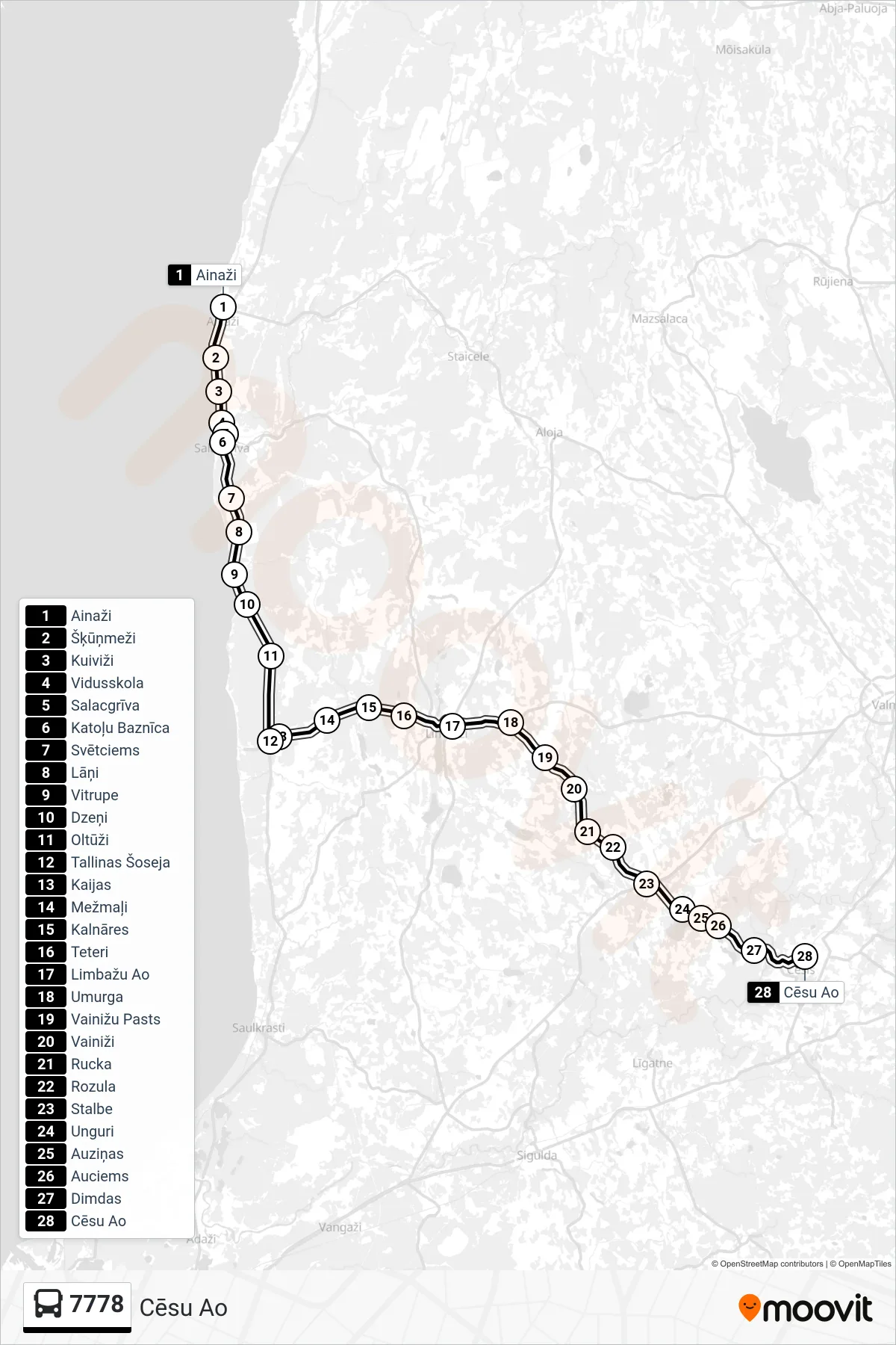 7778 bus Line (Cēsu Ao) route and stops on a map