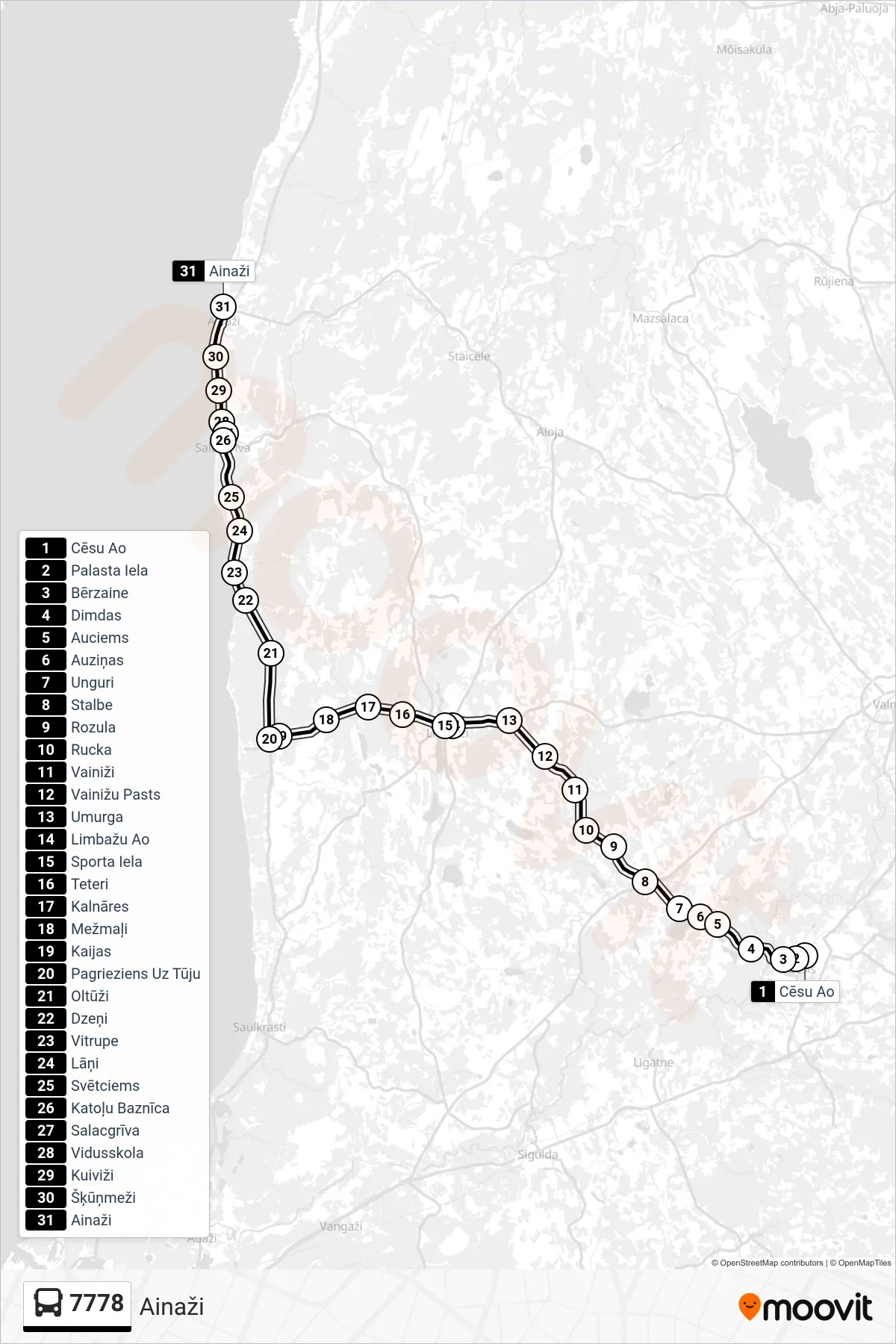 7778 bus Line (Ainaži) route and stops on a map
