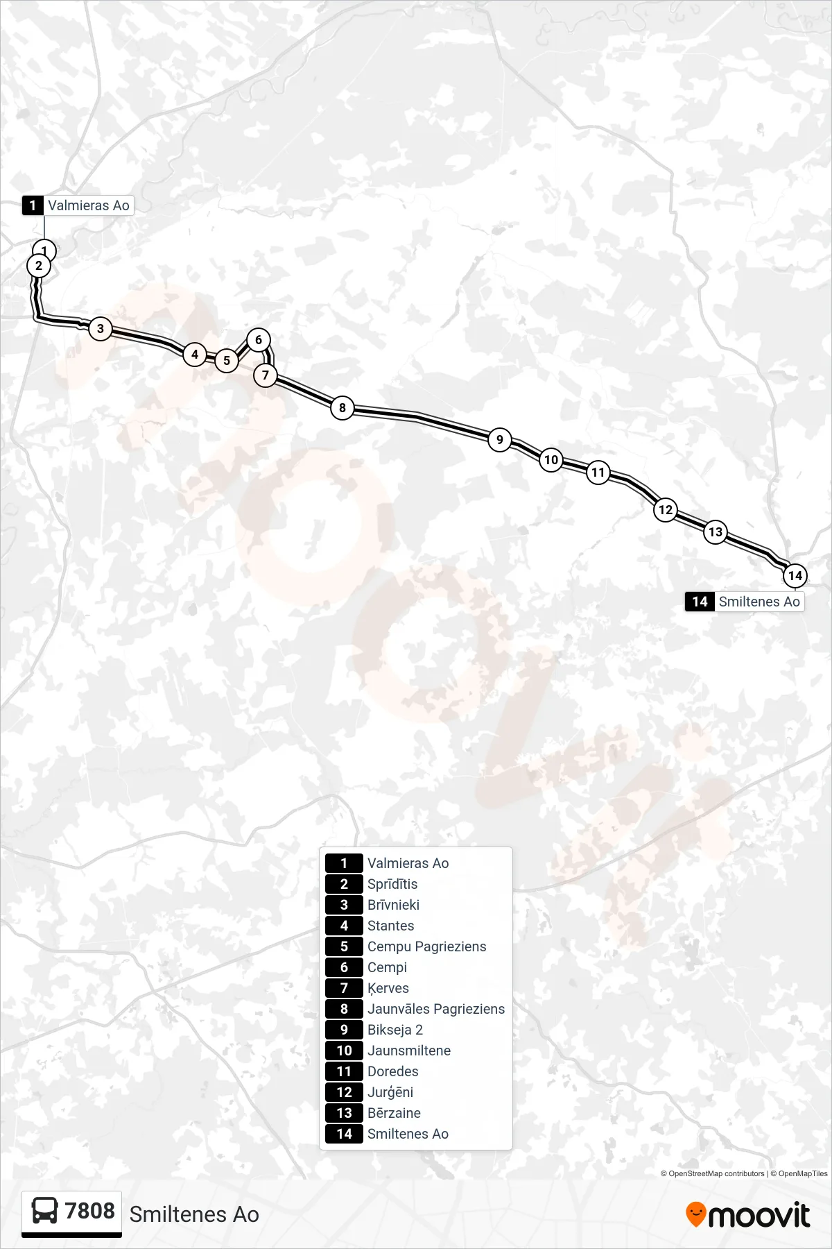 7808 bus Line (Smiltenes Ao) route and stops on a map
