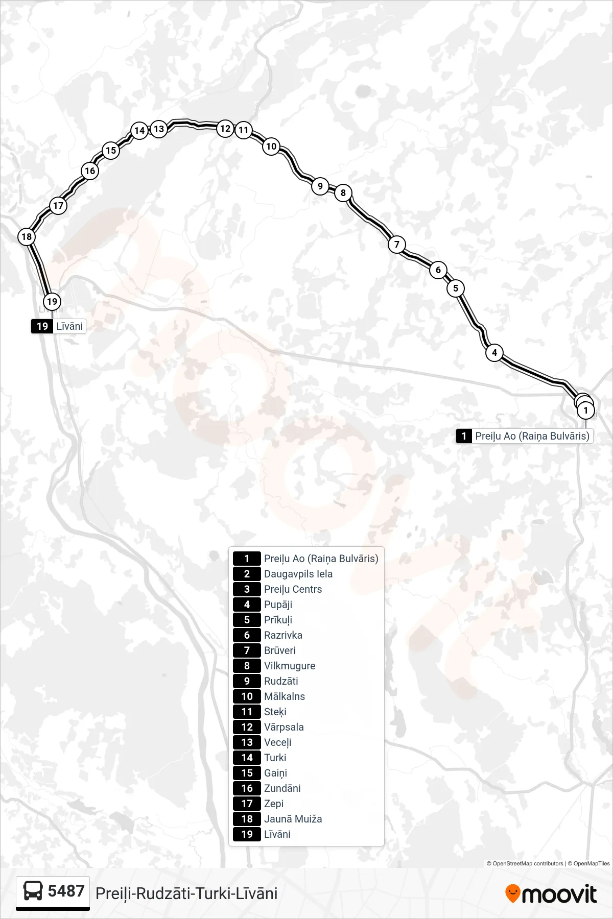 5487 bus Line (Līvāni) route and stops on a map