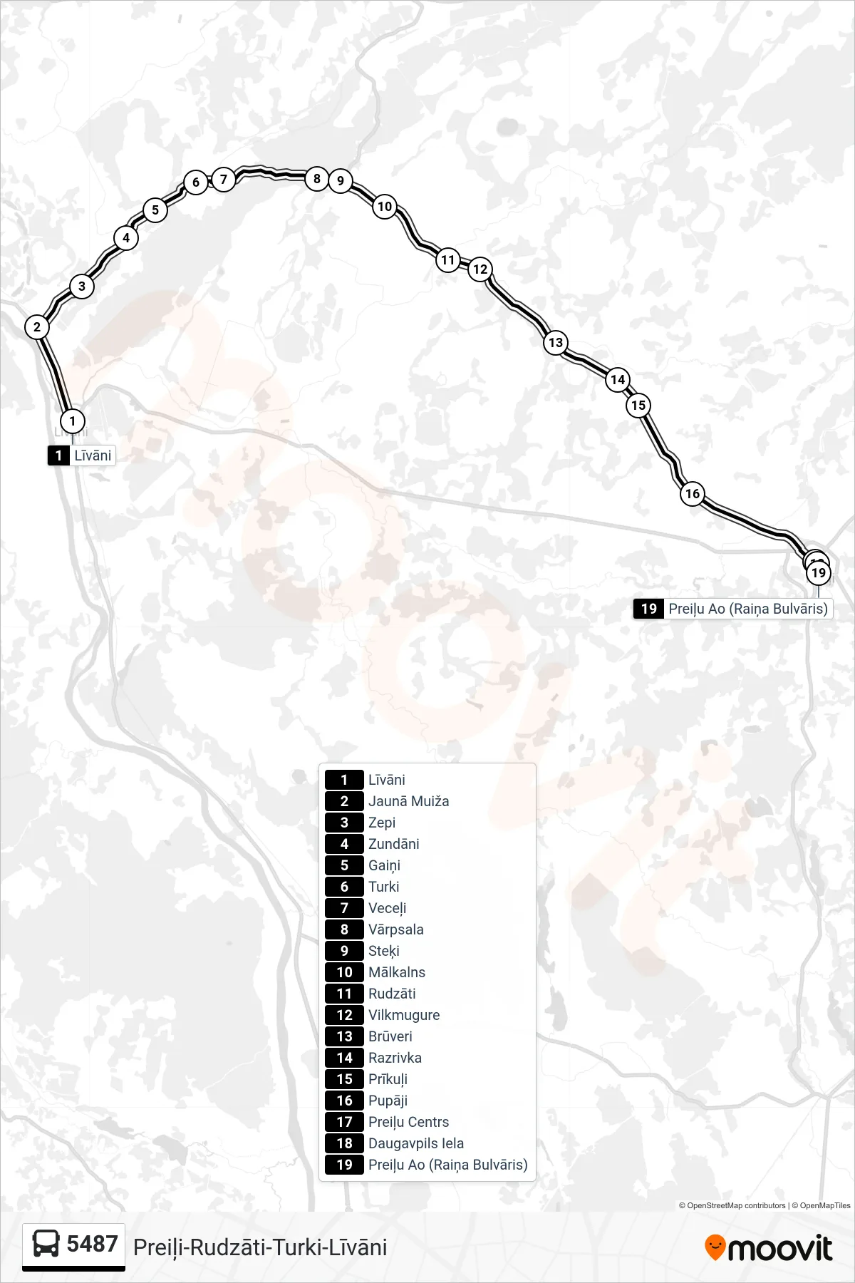 5487 bus Line (Preiļu Ao (Raiņa Bulvāris)) route and stops on a map