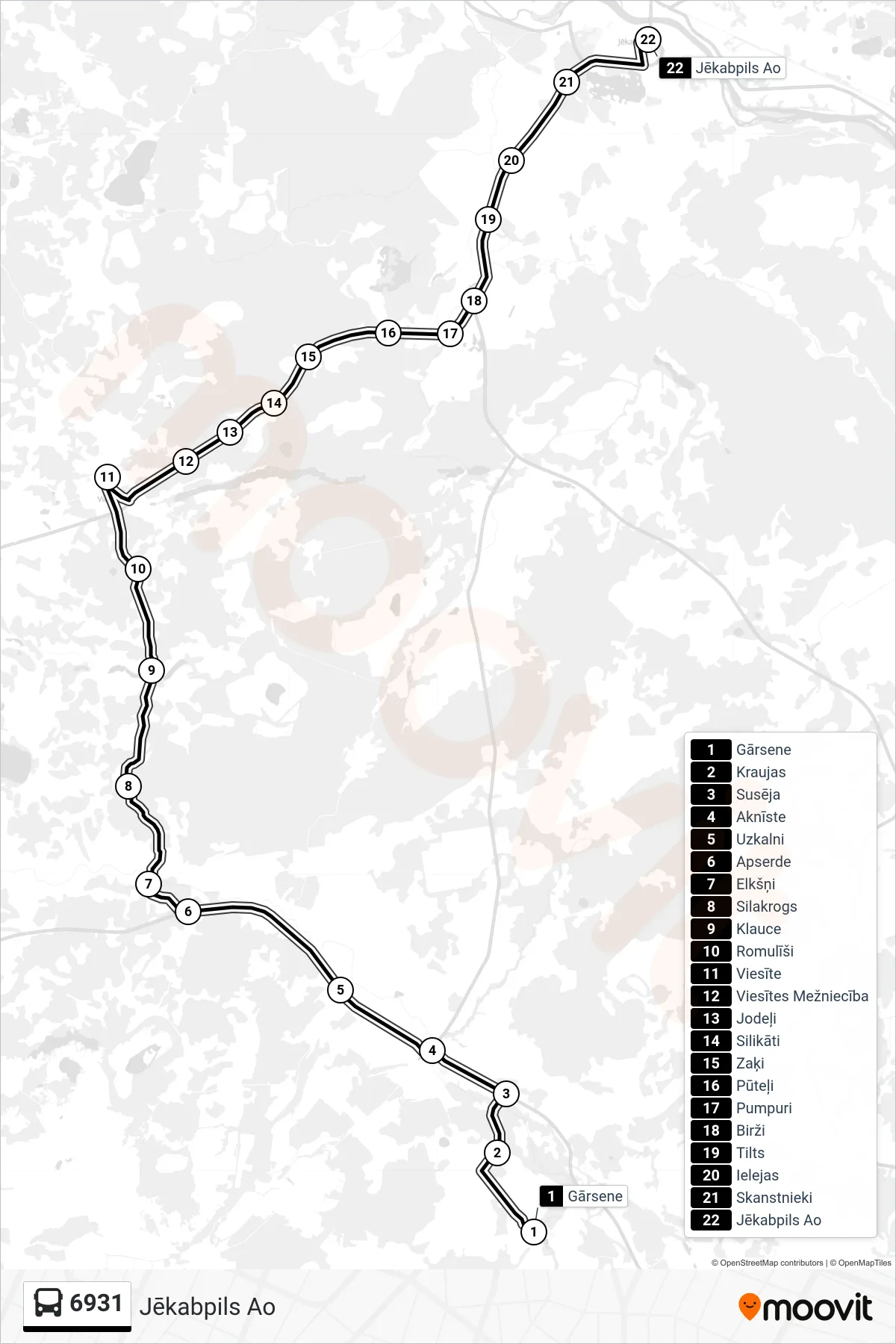 6931 bus Line (Jēkabpils Ao) route and stops on a map