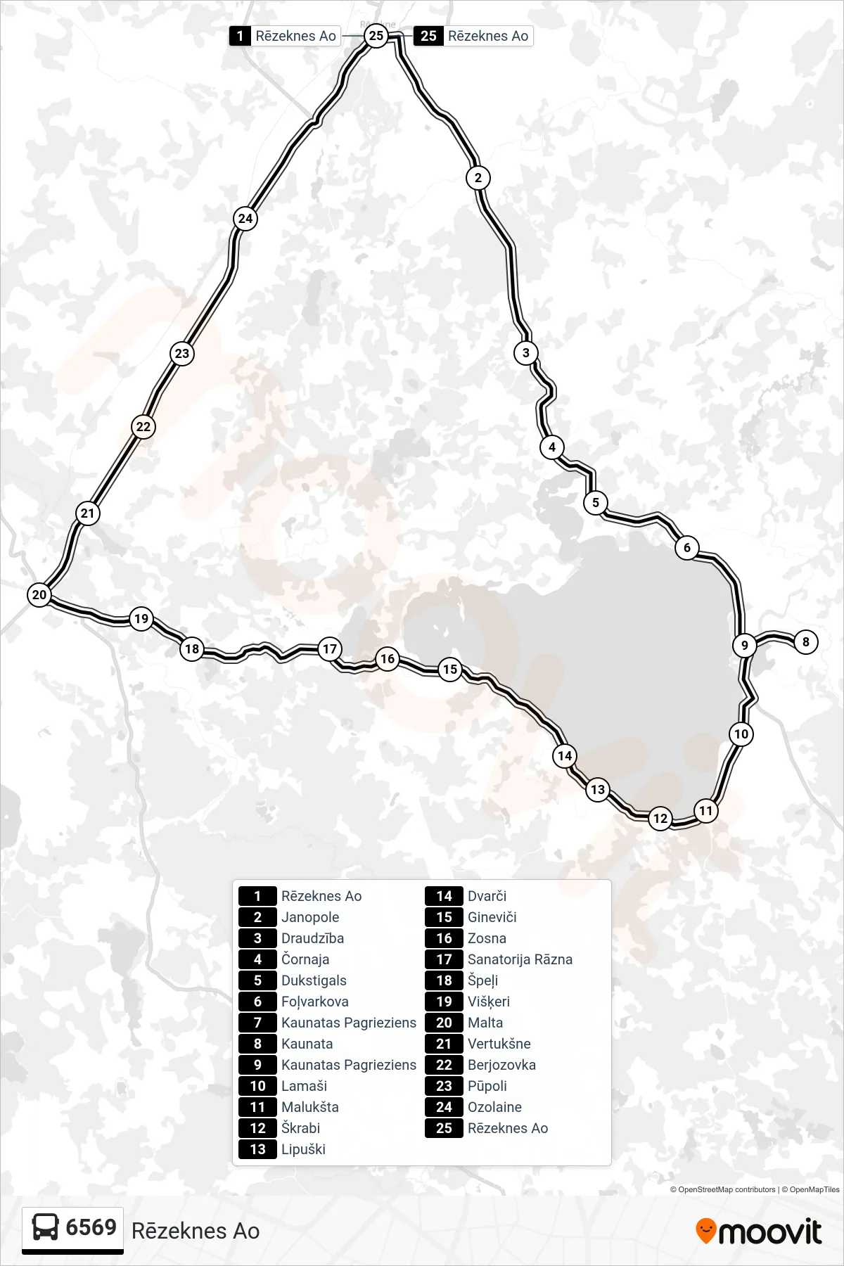 6569 bus Line (Rēzeknes Ao) route and stops on a map