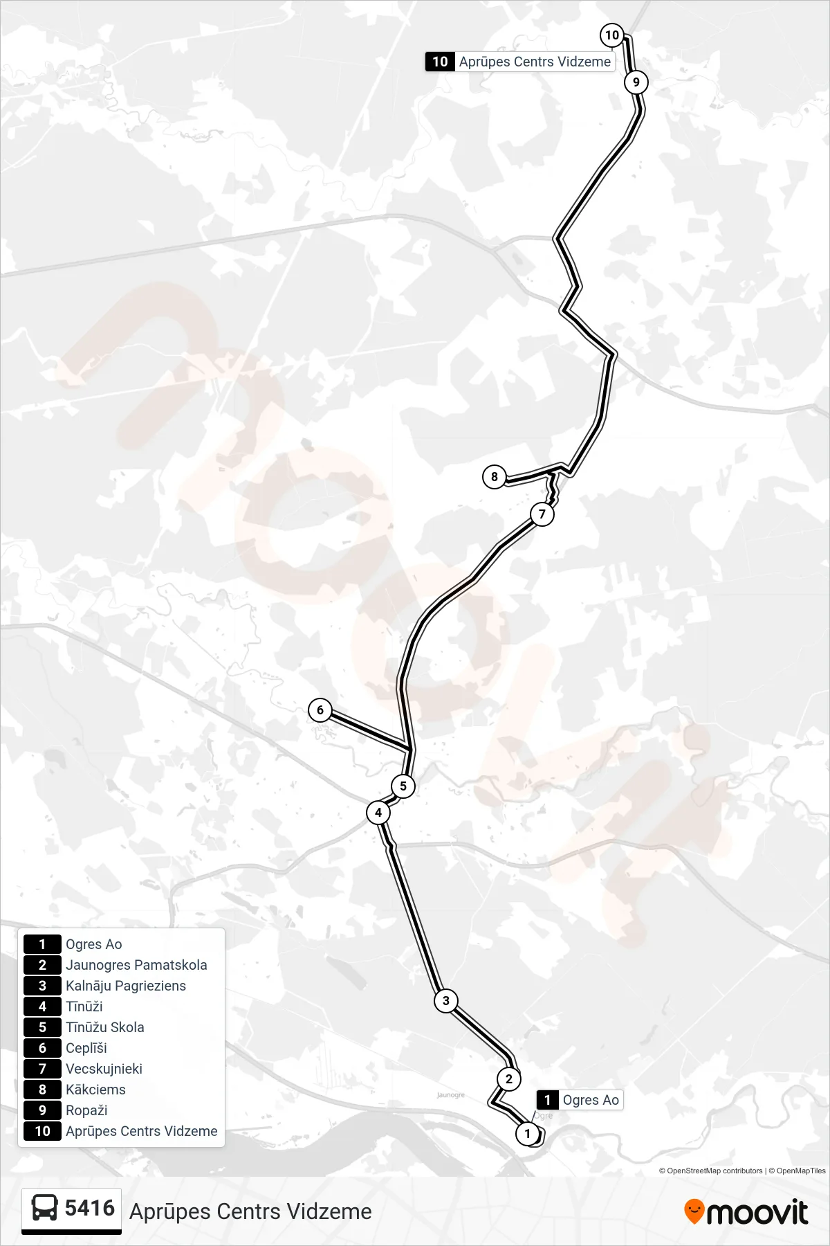 5416 bus Line (Aprūpes Centrs Vidzeme) route and stops on a map