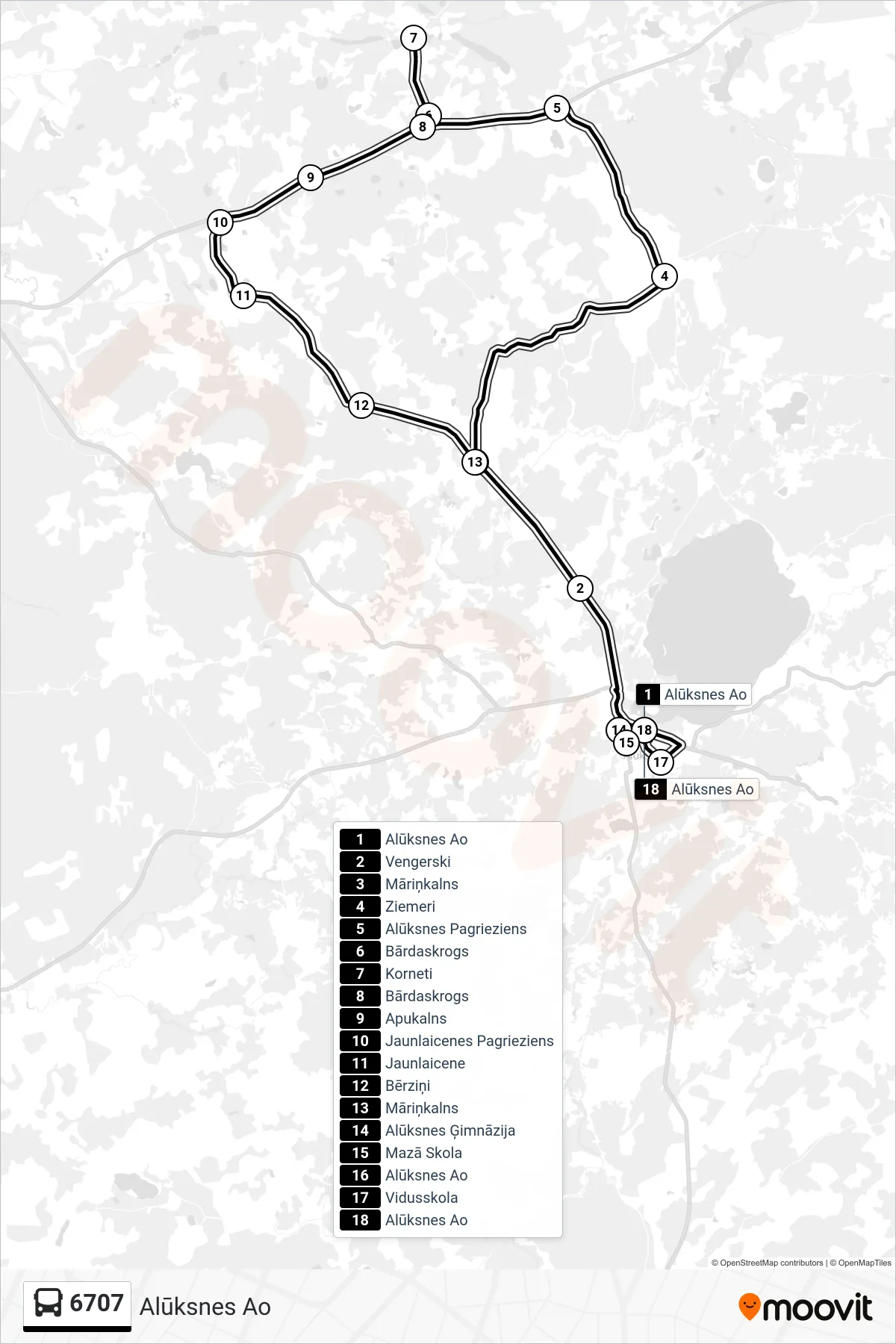 6707 bus Line (Alūksnes Ao) route and stops on a map