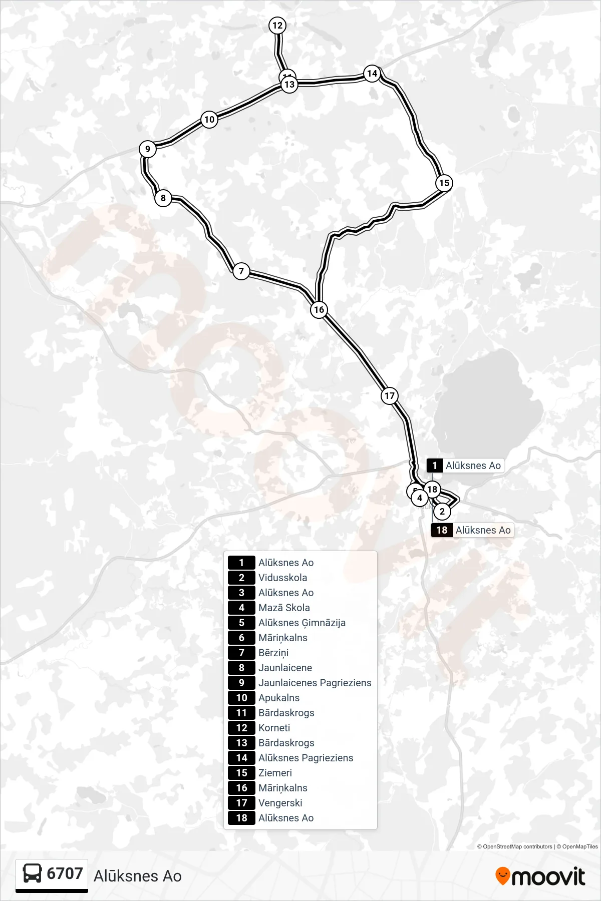 6707 bus Line (Alūksnes Ao) route and stops on a map