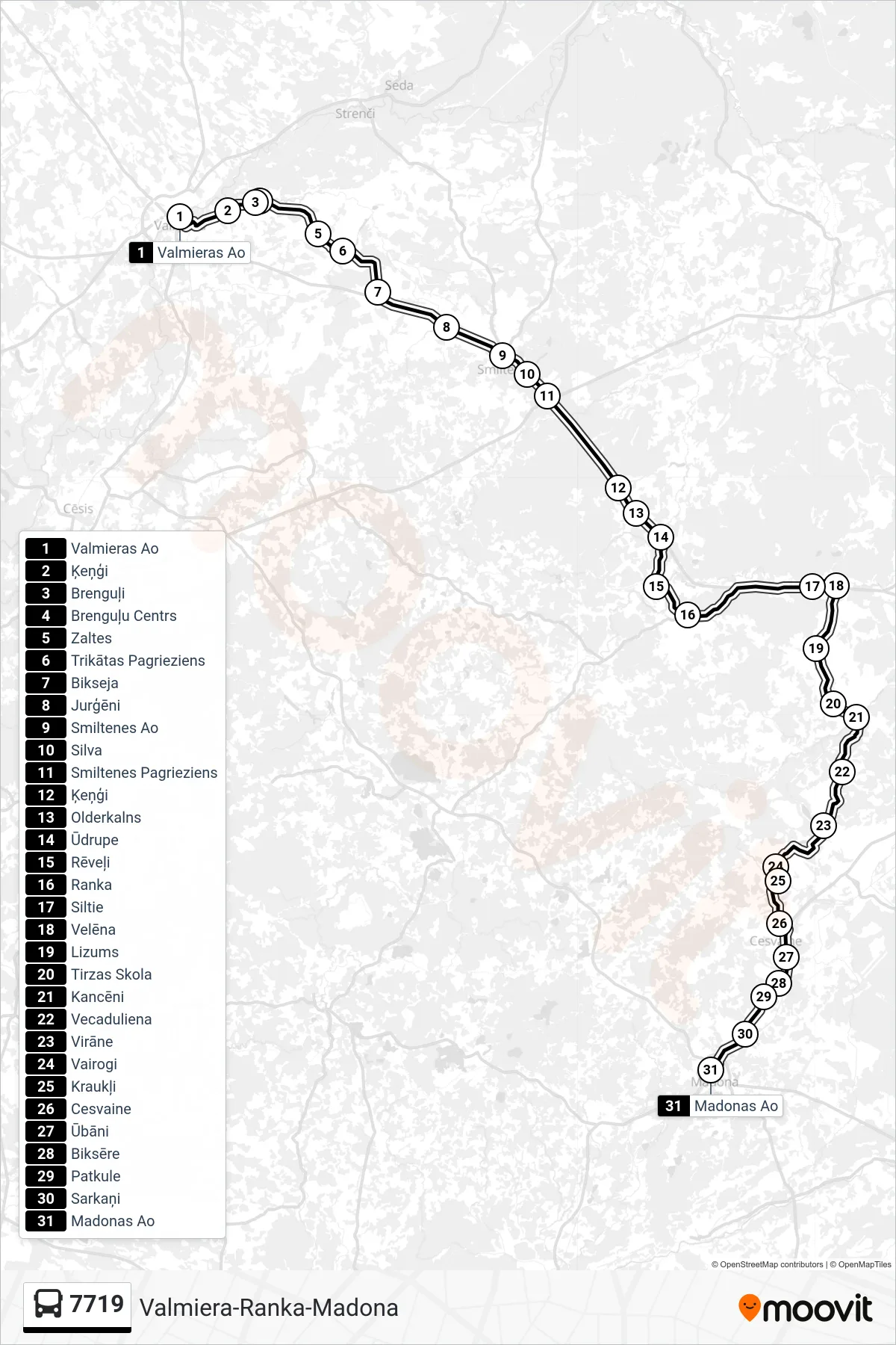 7719 bus Line (Madonas Ao) route and stops on a map