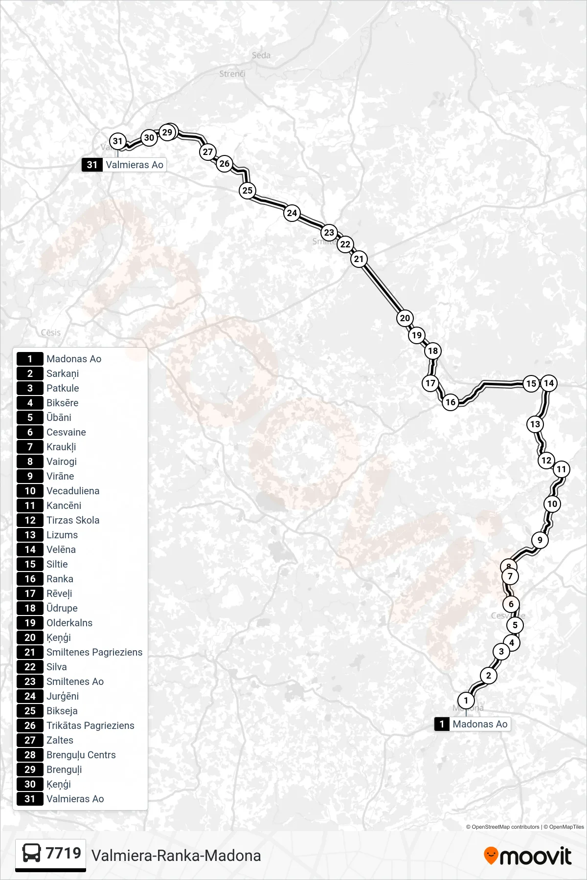 7719 bus Line (Valmieras Ao) route and stops on a map