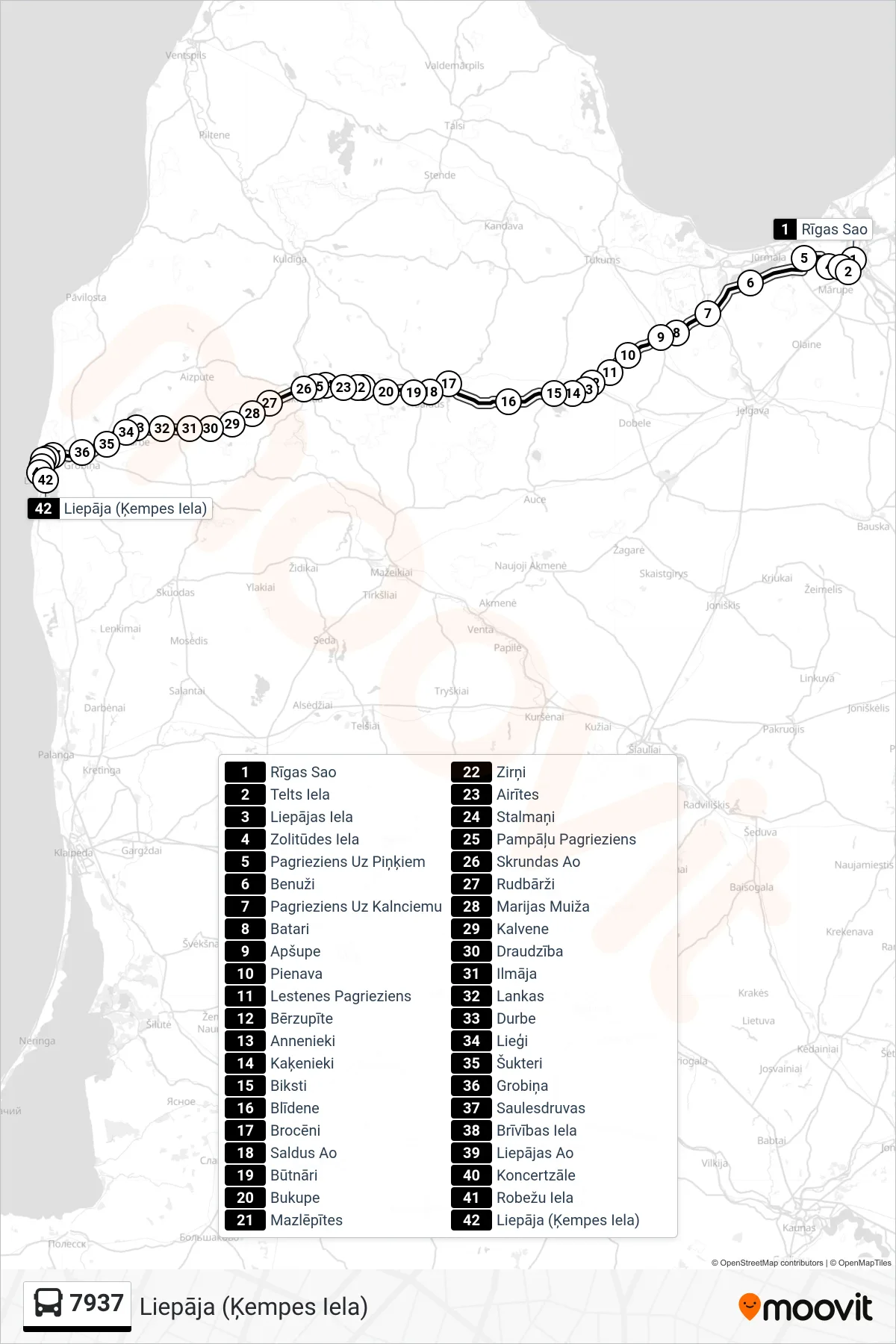 7937 bus Line (Liepāja (Ķempes Iela)) route and stops on a map